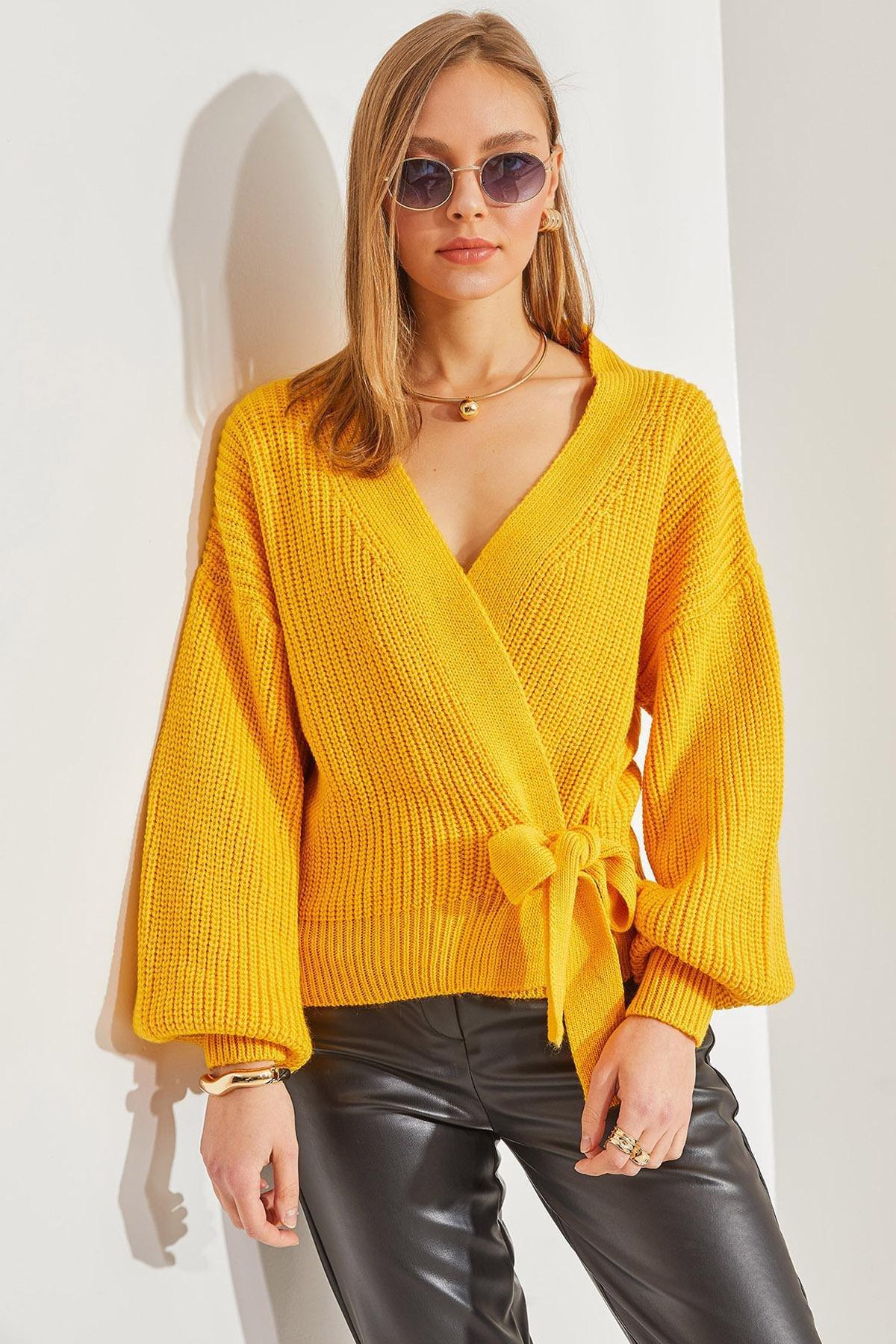 Yellow Balloon Sleeve Knitwear Cardigan, Yellow, large image number 0