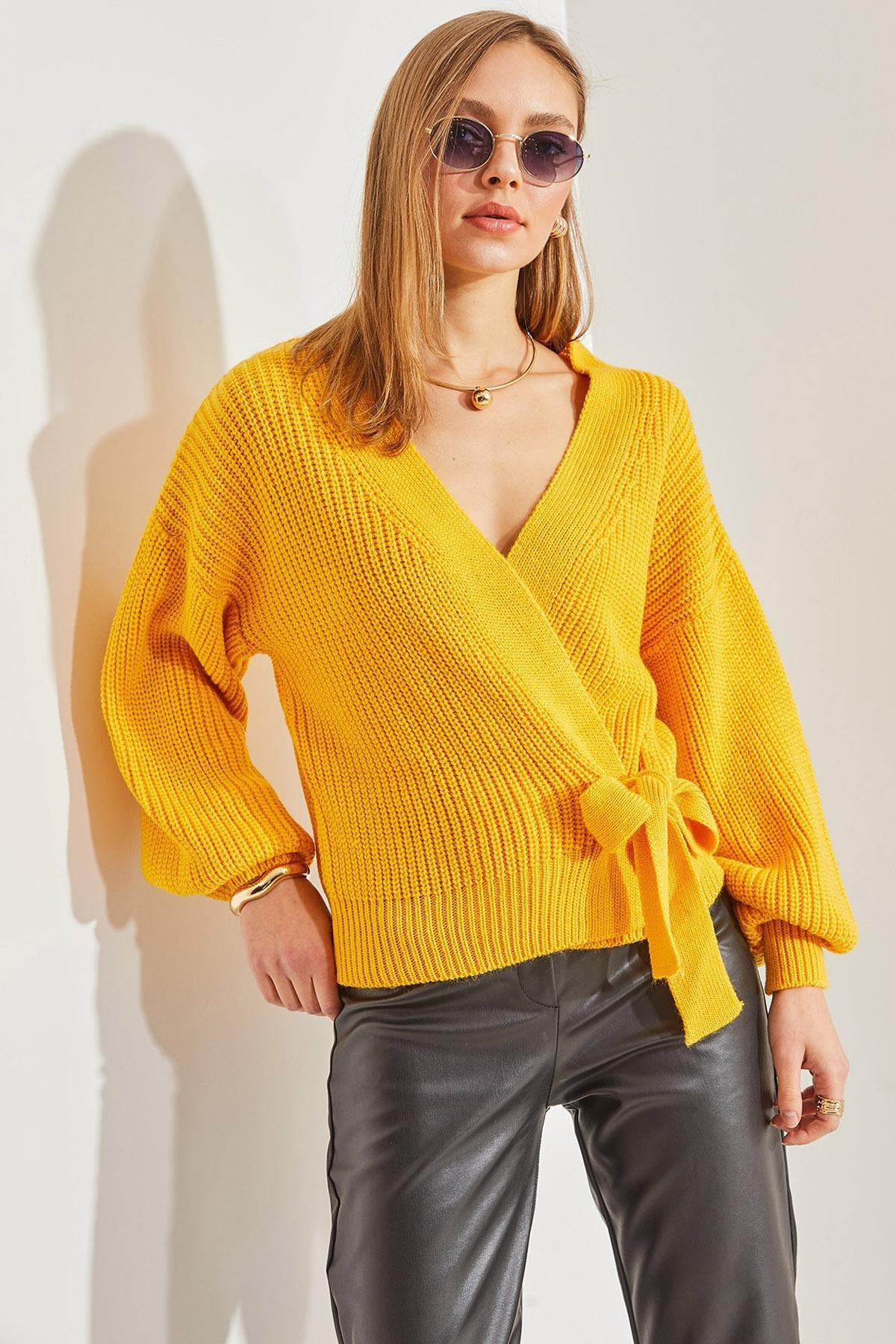 Yellow Balloon Sleeve Knitwear Cardigan, Yellow, large image number 1