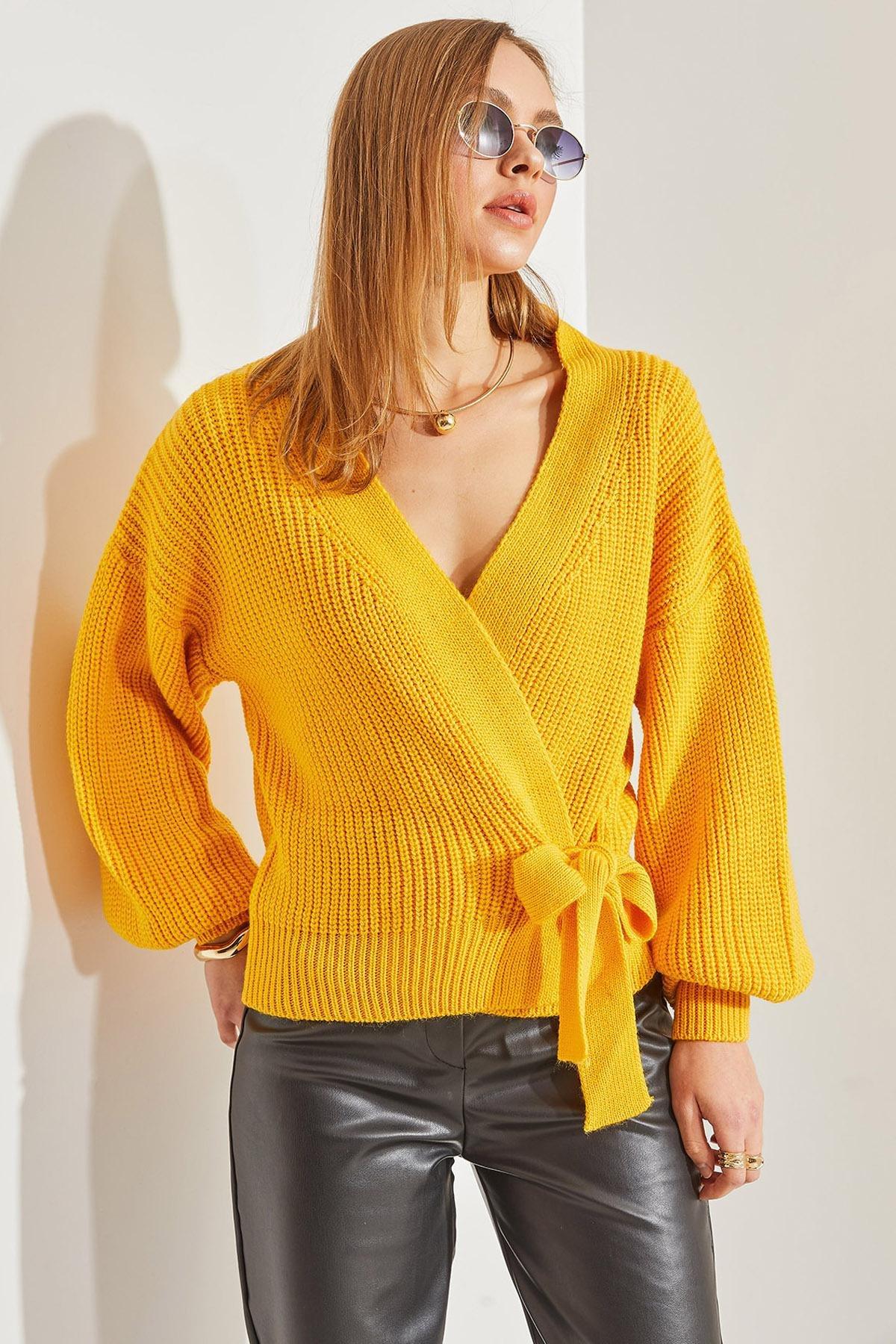 Yellow Balloon Sleeve Knitwear Cardigan, Yellow, large image number 2