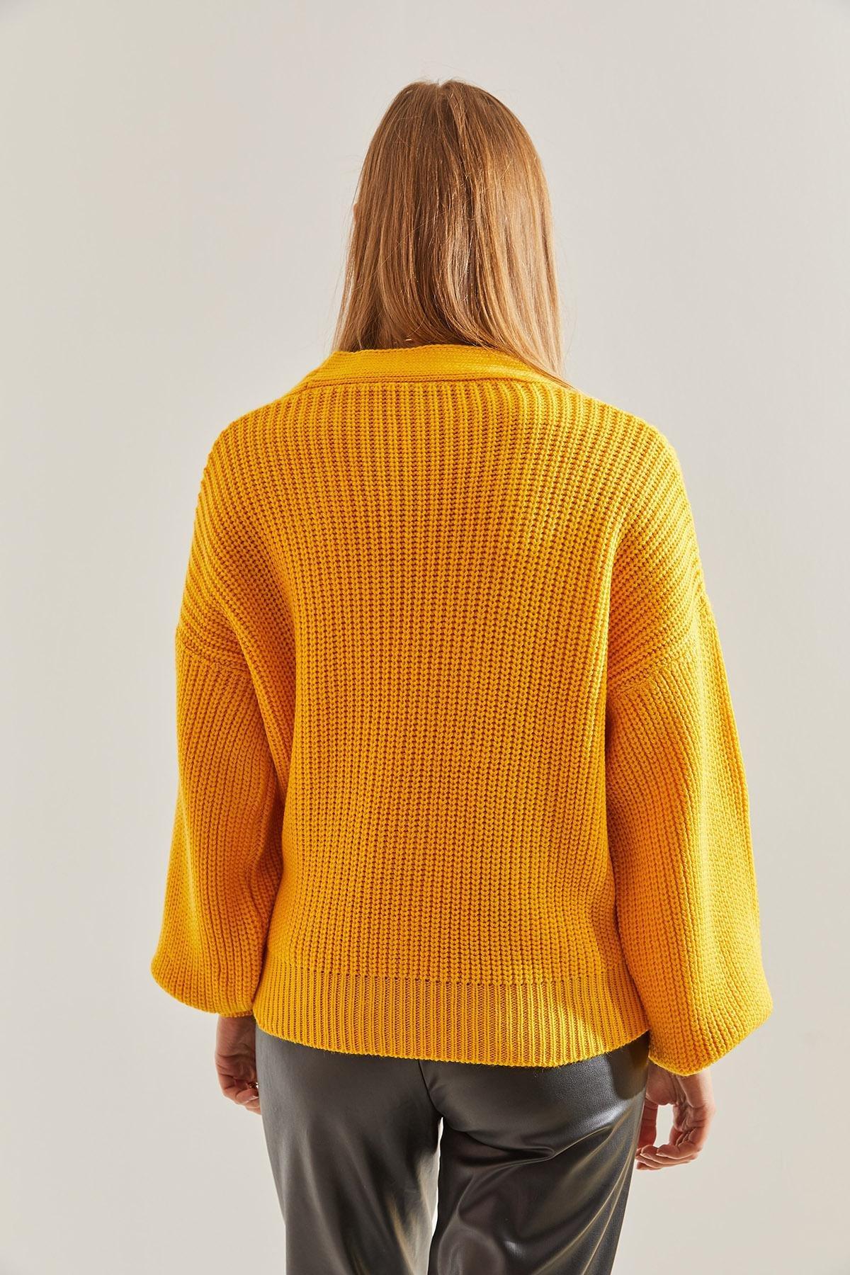 Yellow Balloon Sleeve Knitwear Cardigan, Yellow, large image number 4