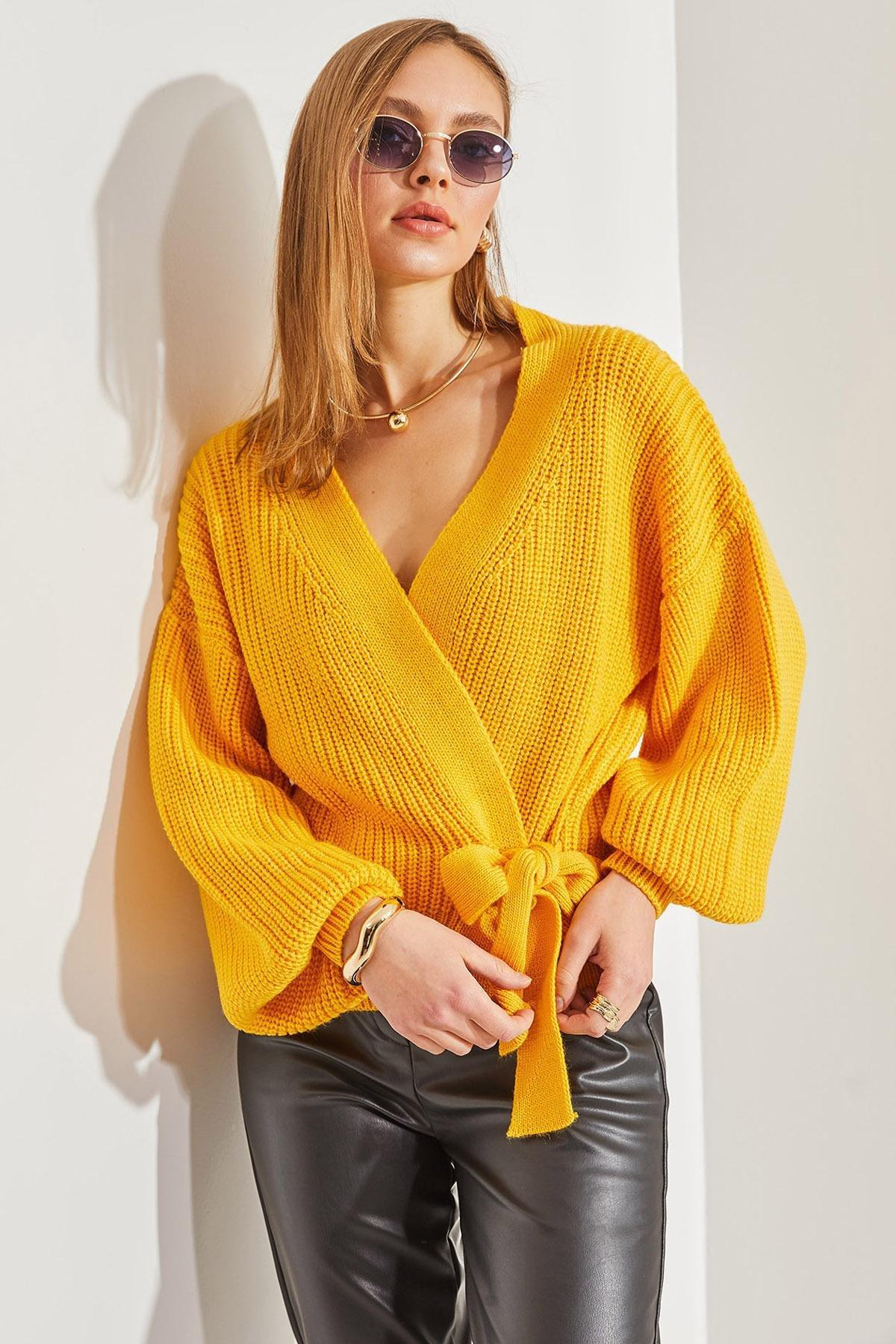 Yellow Balloon Sleeve Knitwear Cardigan, Yellow, large image number 5