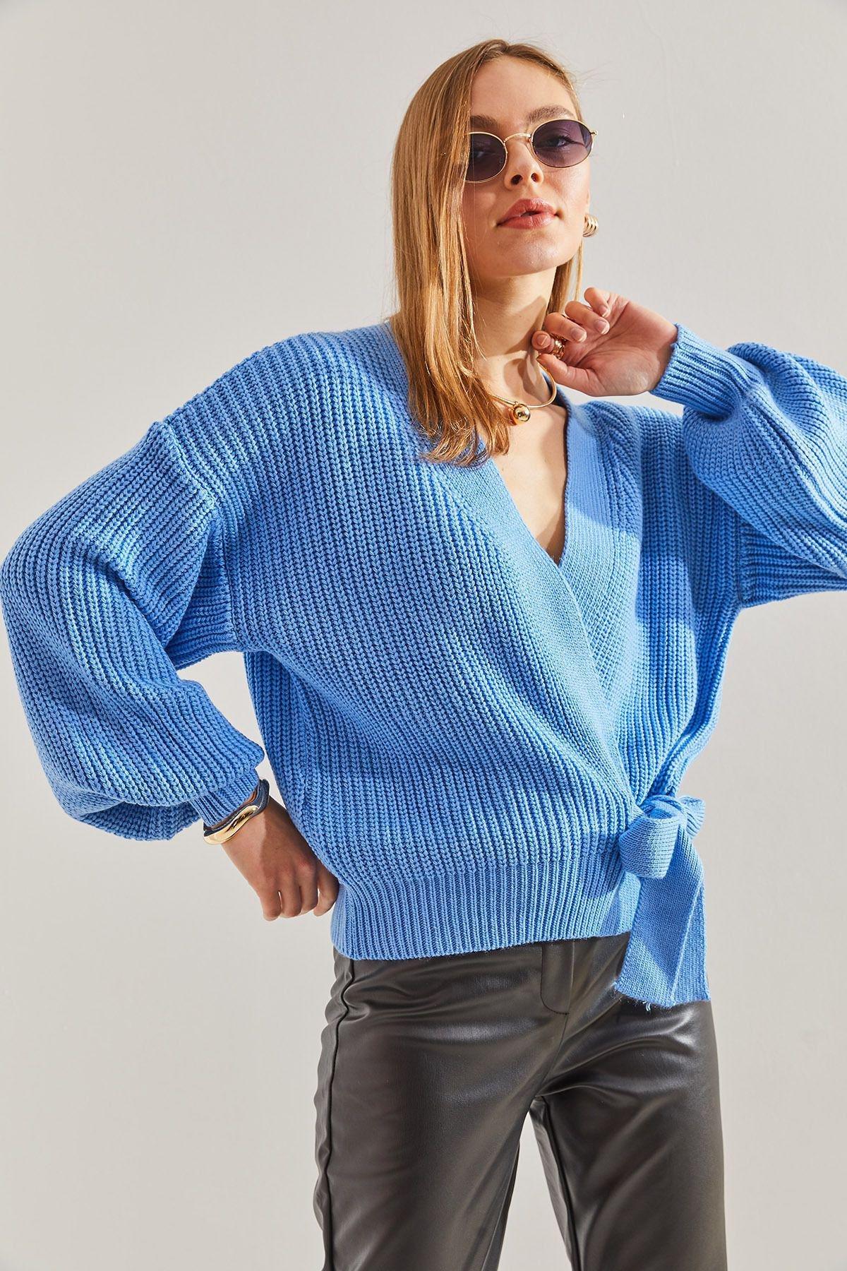 Blue Balloon Sleeve Knitwear Cardigan, , large image number 1