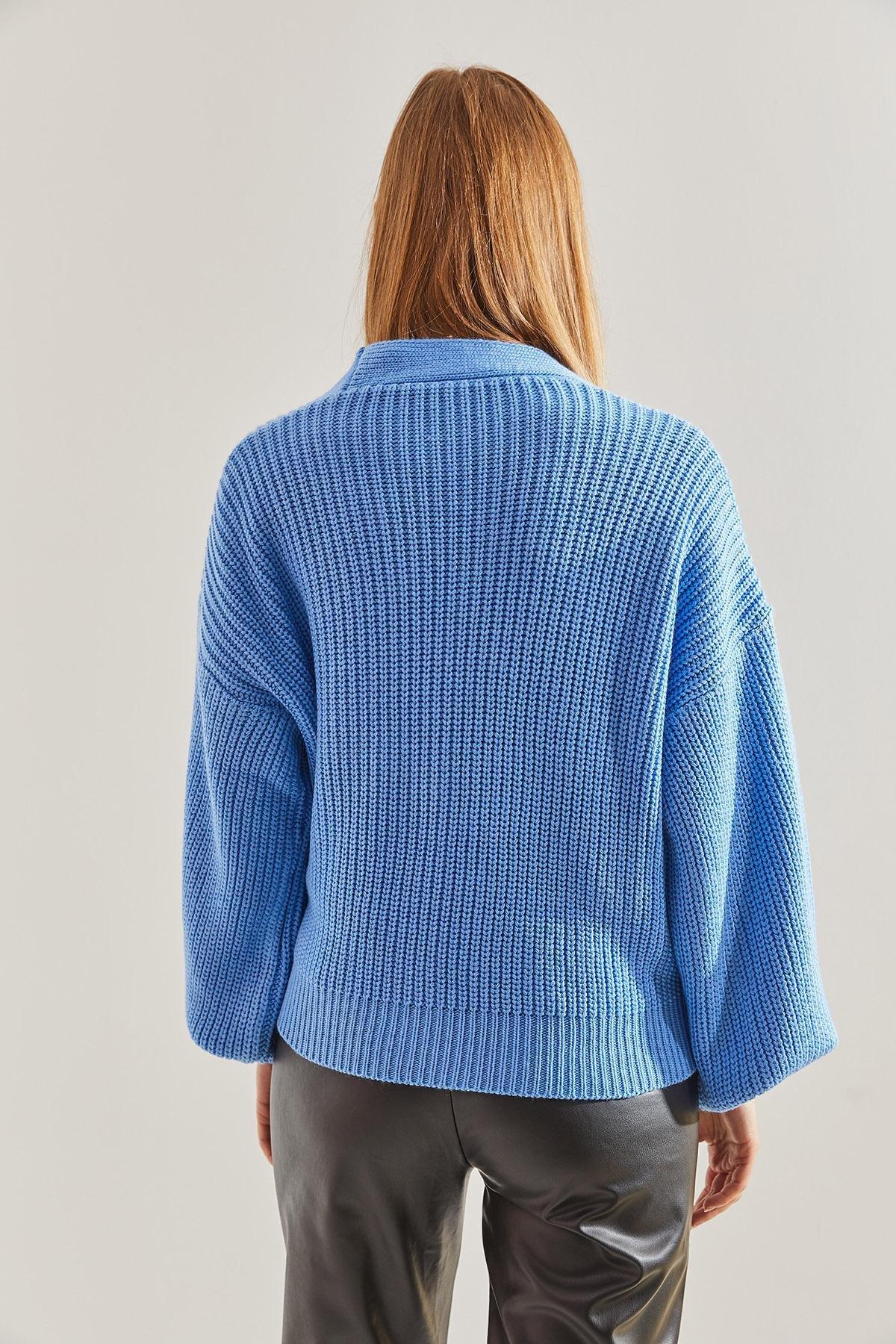 Blue Balloon Sleeve Knitwear Cardigan, , large image number 2