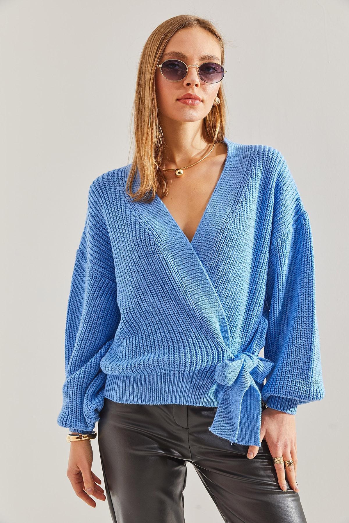 Blue Balloon Sleeve Knitwear Cardigan, , large image number 3