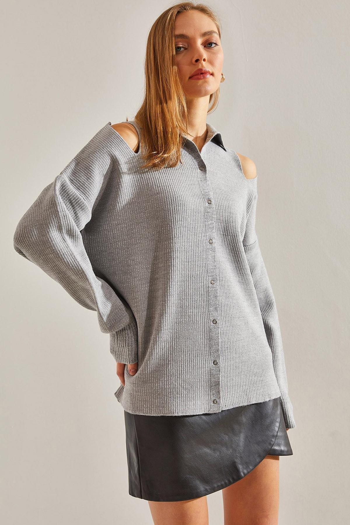 Grey Off Shoulder Knitwear Cardigan, C101_1653, large image number 0