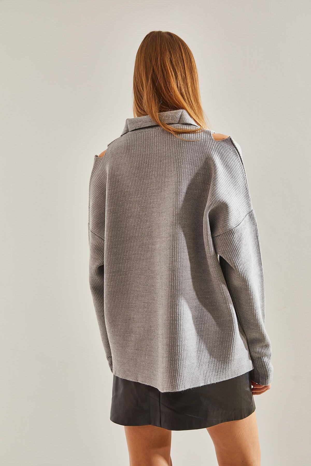 Grey Off Shoulder Knitwear Cardigan, C101_1653, large image number 1