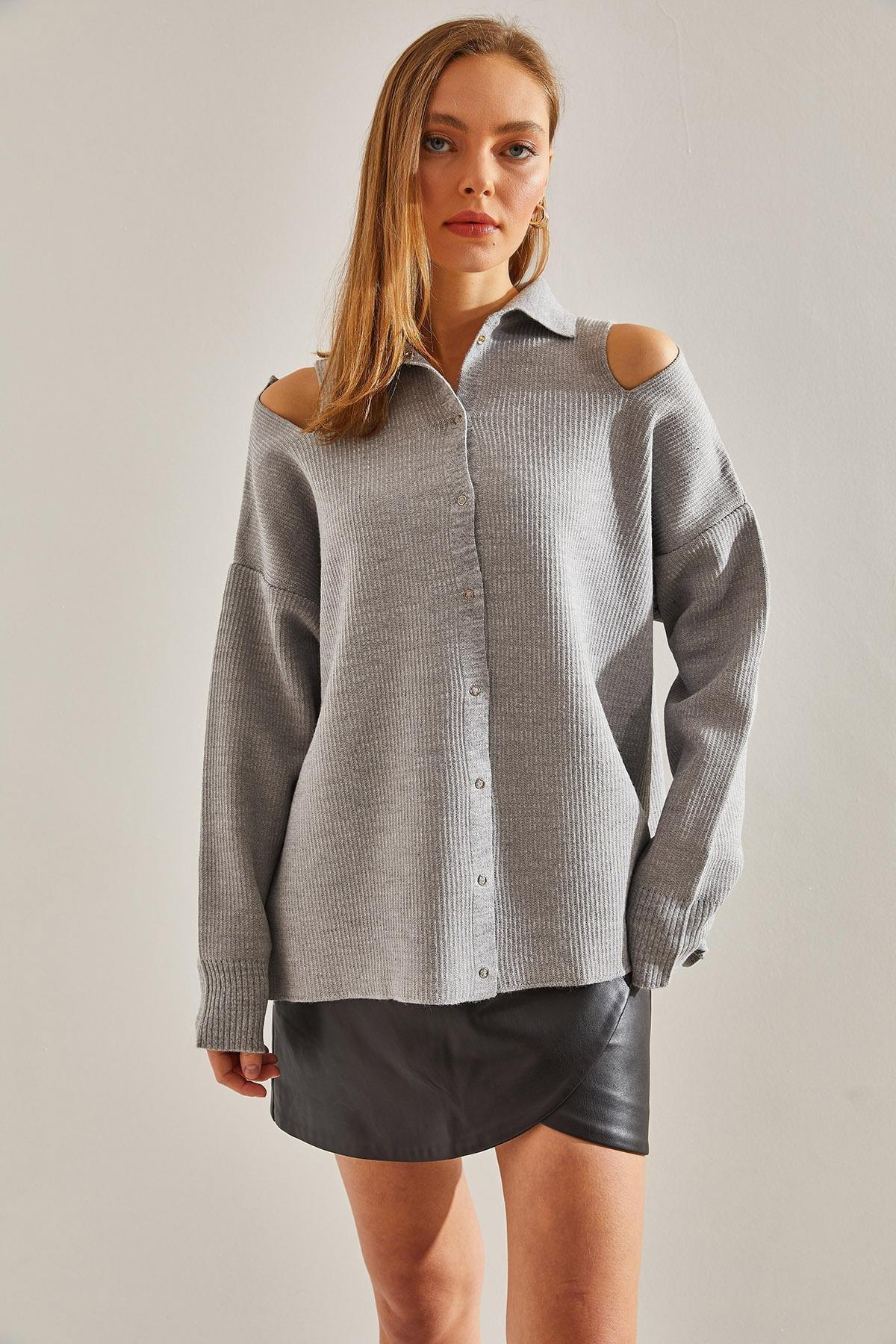 Grey Off Shoulder Knitwear Cardigan, C101_1653, large image number 2