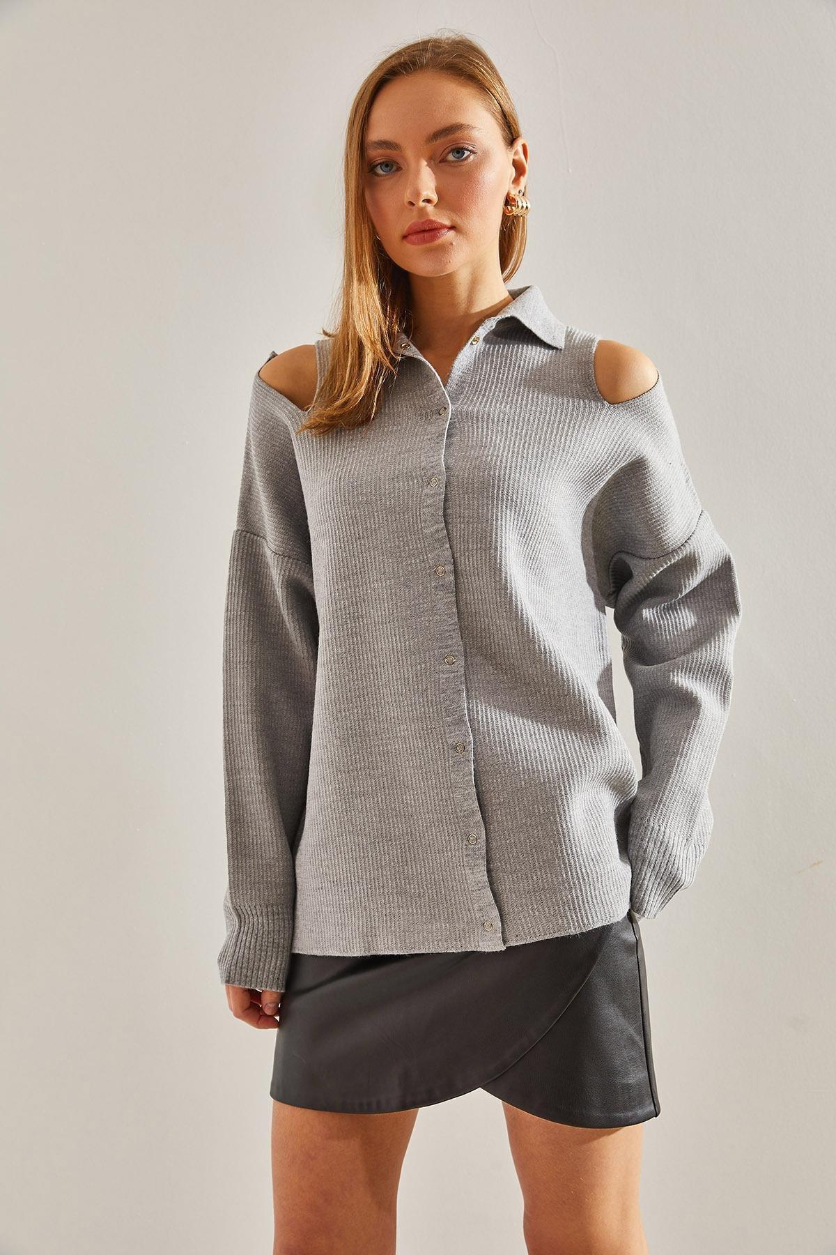 Grey Off Shoulder Knitwear Cardigan, C101_1653, large image number 3