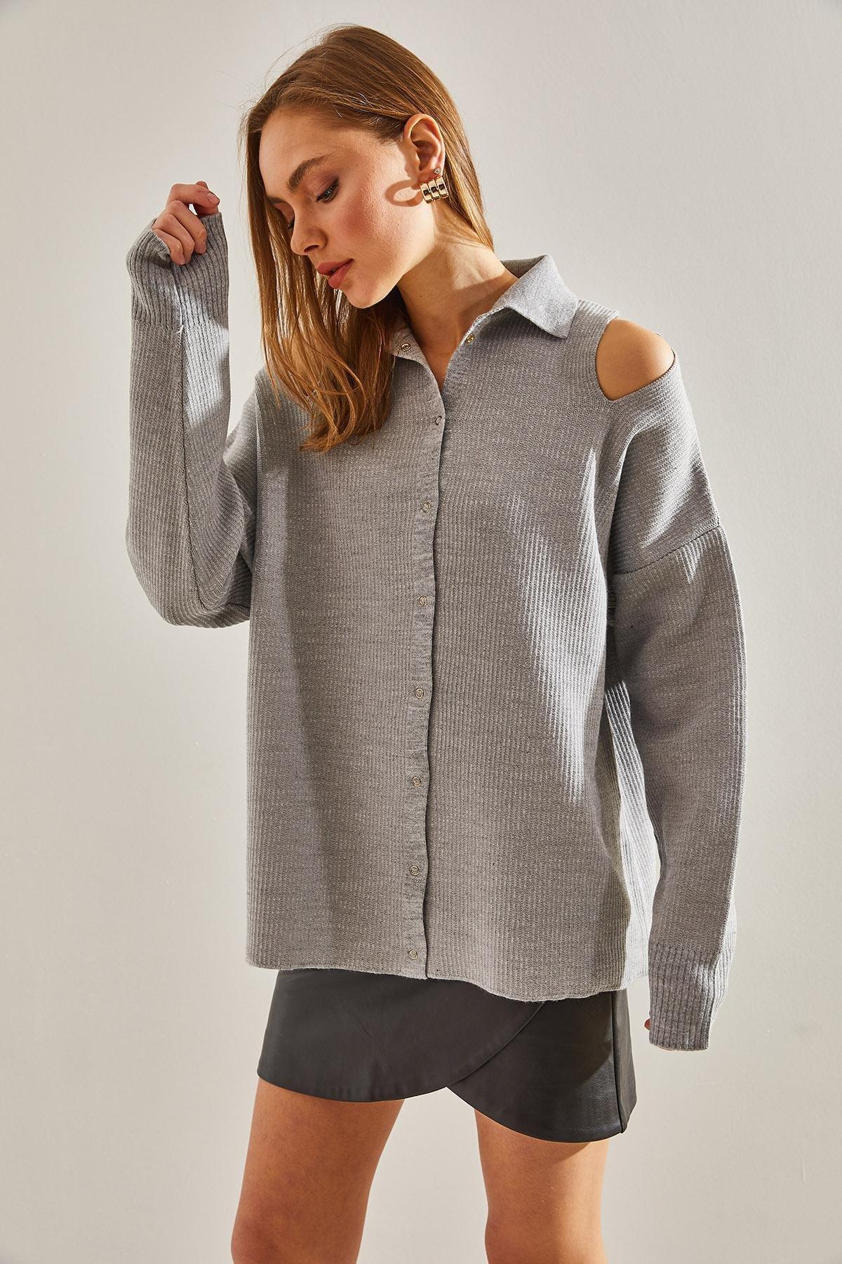 Grey Off Shoulder Knitwear Cardigan, C101_1653, large image number 4