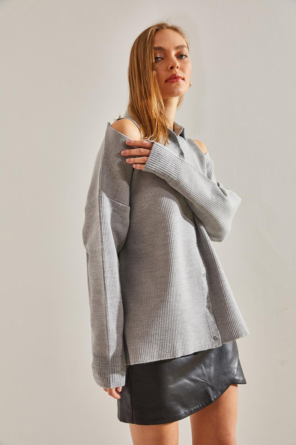 Grey Off Shoulder Knitwear Cardigan, C101_1653, large image number 5