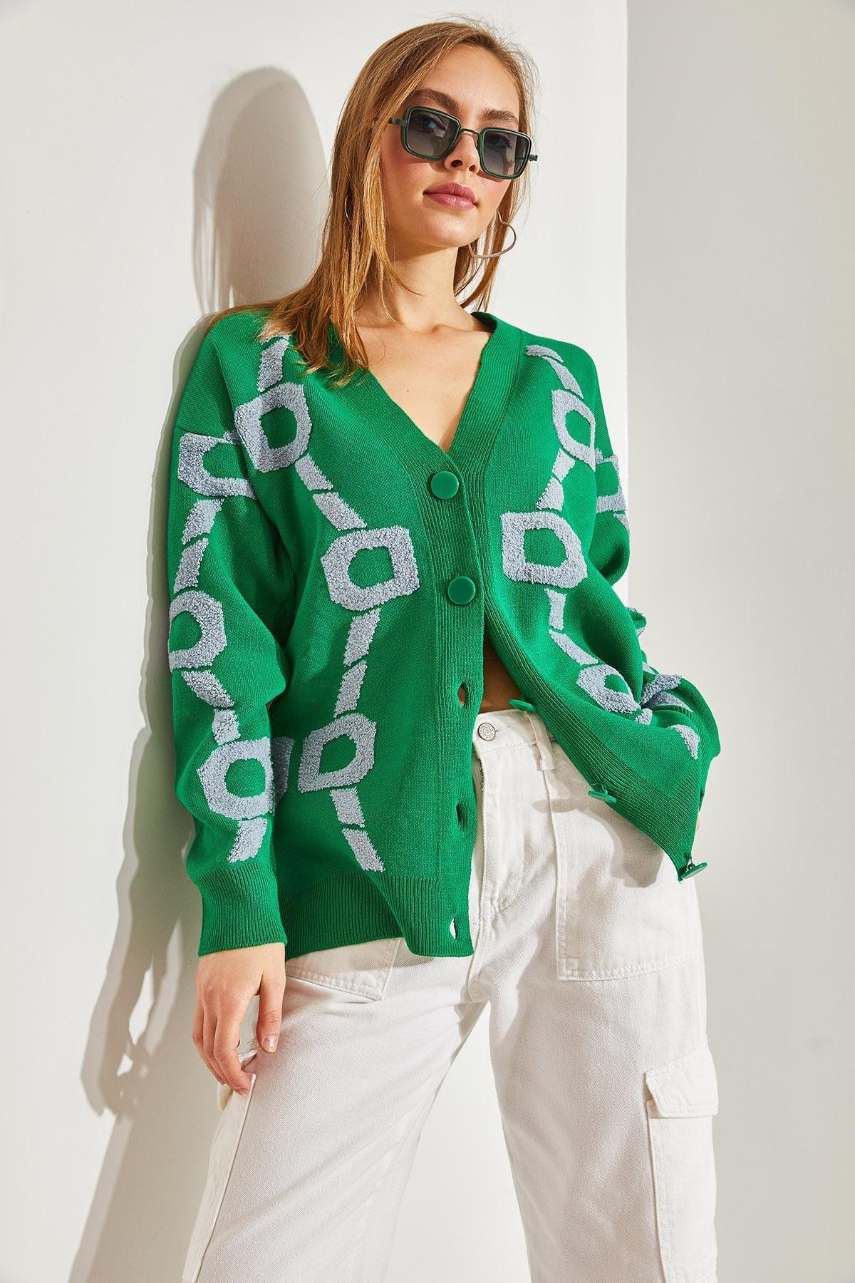 Green Floral Oversize Knitwear Cardigan, C101_5156, large image number 1