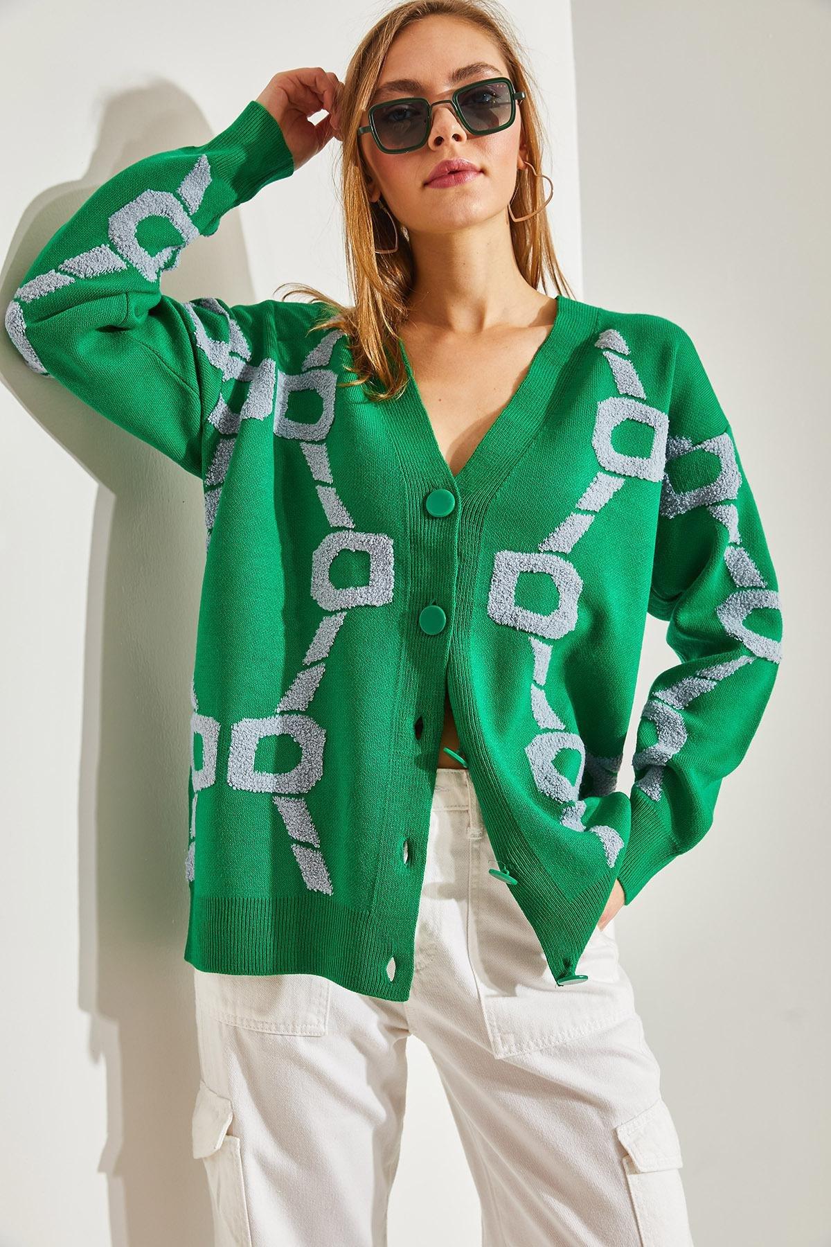 Green Floral Oversize Knitwear Cardigan, C101_5156, large image number 2