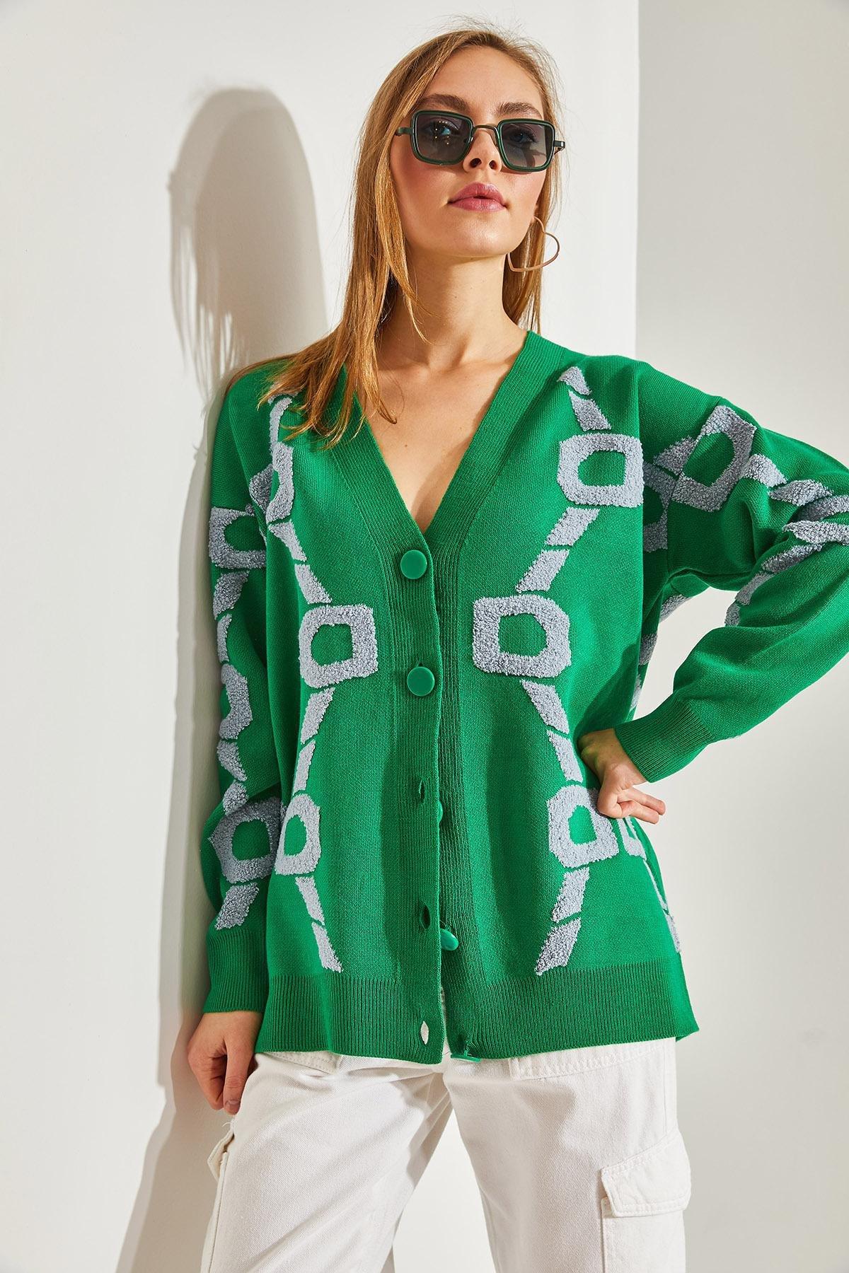 Green Floral Oversize Knitwear Cardigan, C101_5156, large image number 4