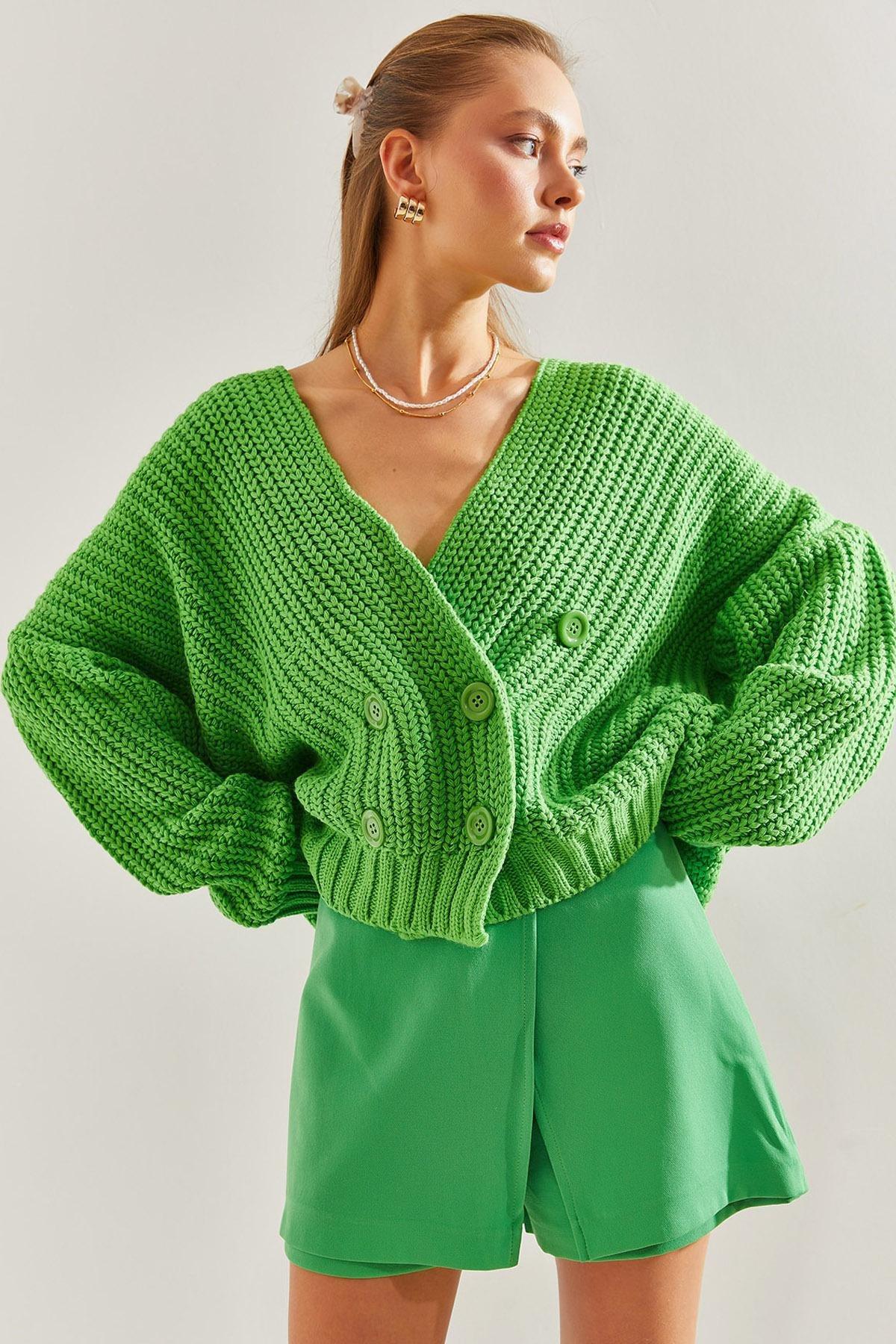 Green Hair Braided Buttoned Knitwear Cardigan, , large image number 0