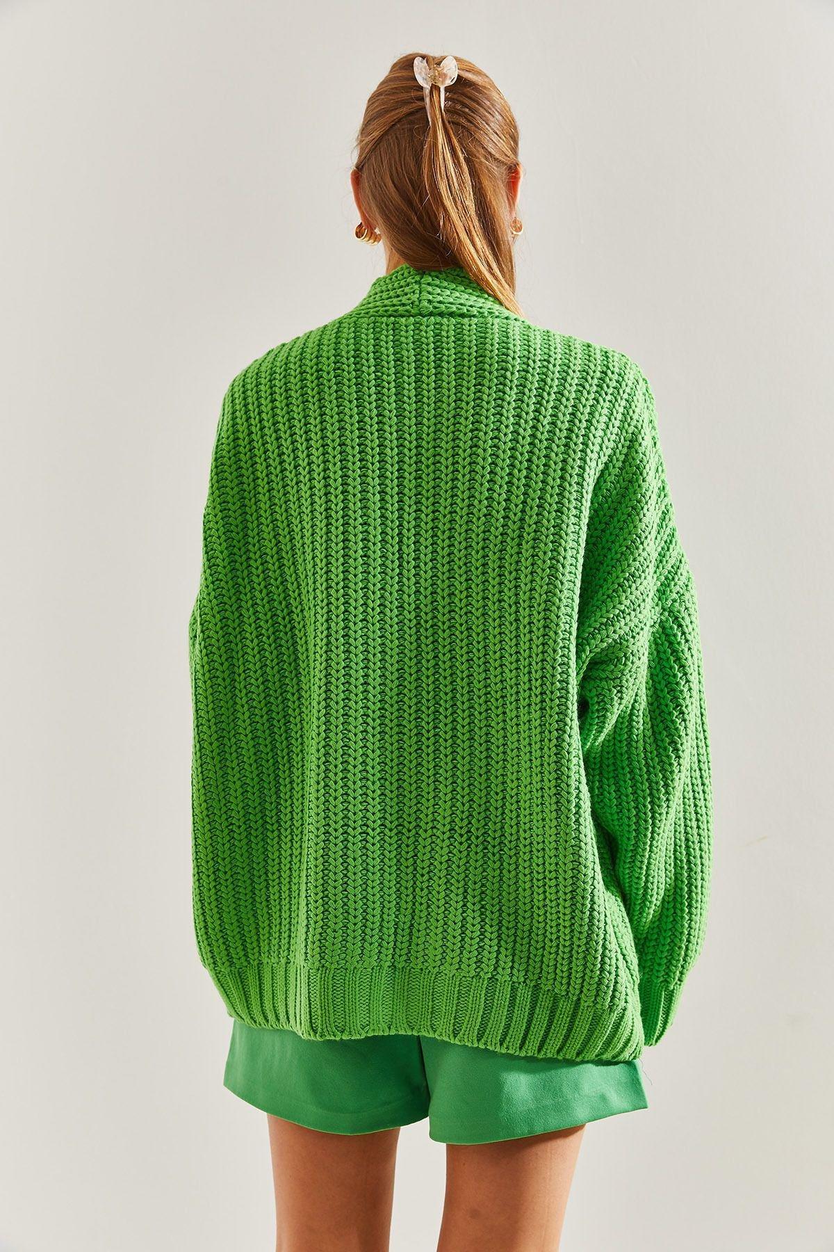 Green Hair Braided Buttoned Knitwear Cardigan, , large image number 1