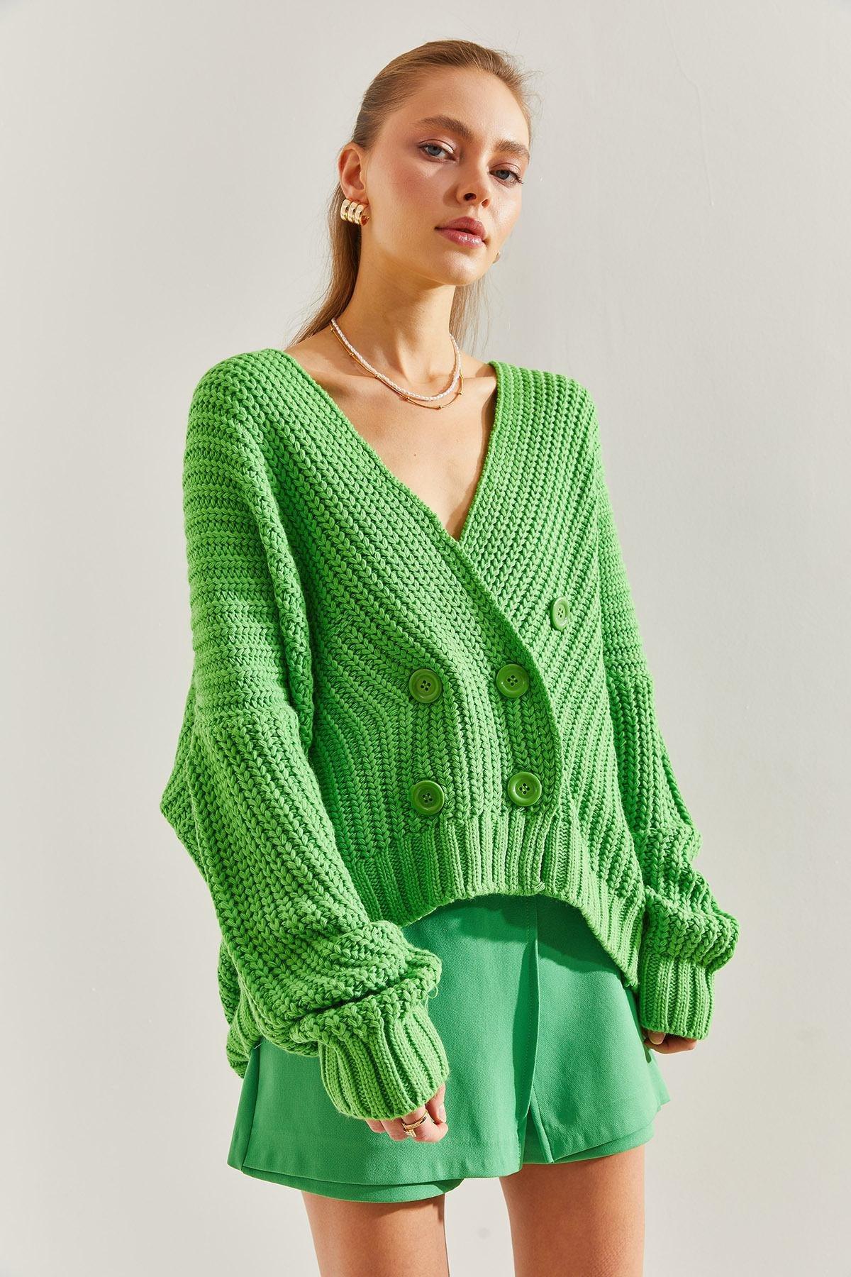Green Hair Braided Buttoned Knitwear Cardigan, , large image number 2