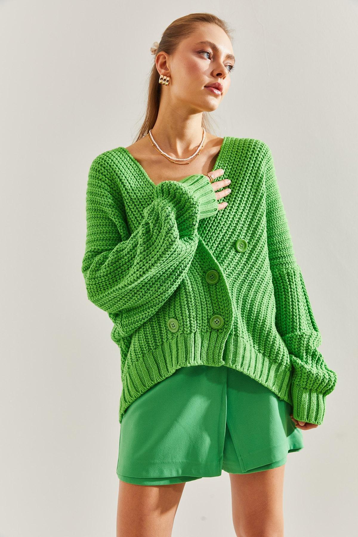 Green Hair Braided Buttoned Knitwear Cardigan, , large image number 3