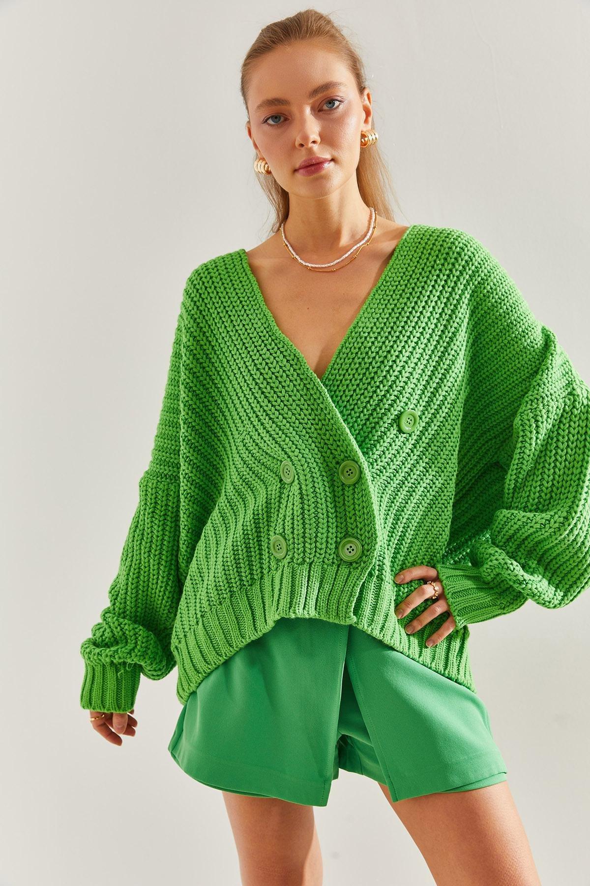 Green Hair Braided Buttoned Knitwear Cardigan, , large image number 4