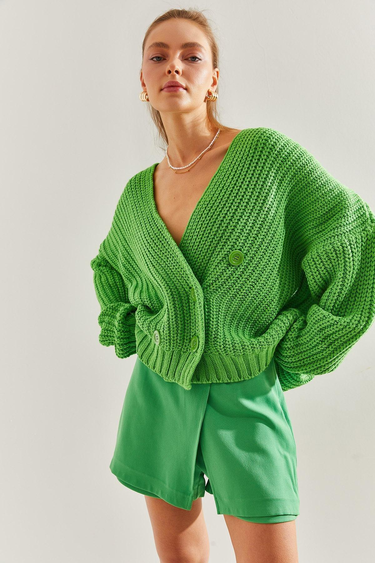 Green Hair Braided Buttoned Knitwear Cardigan, , large image number 5