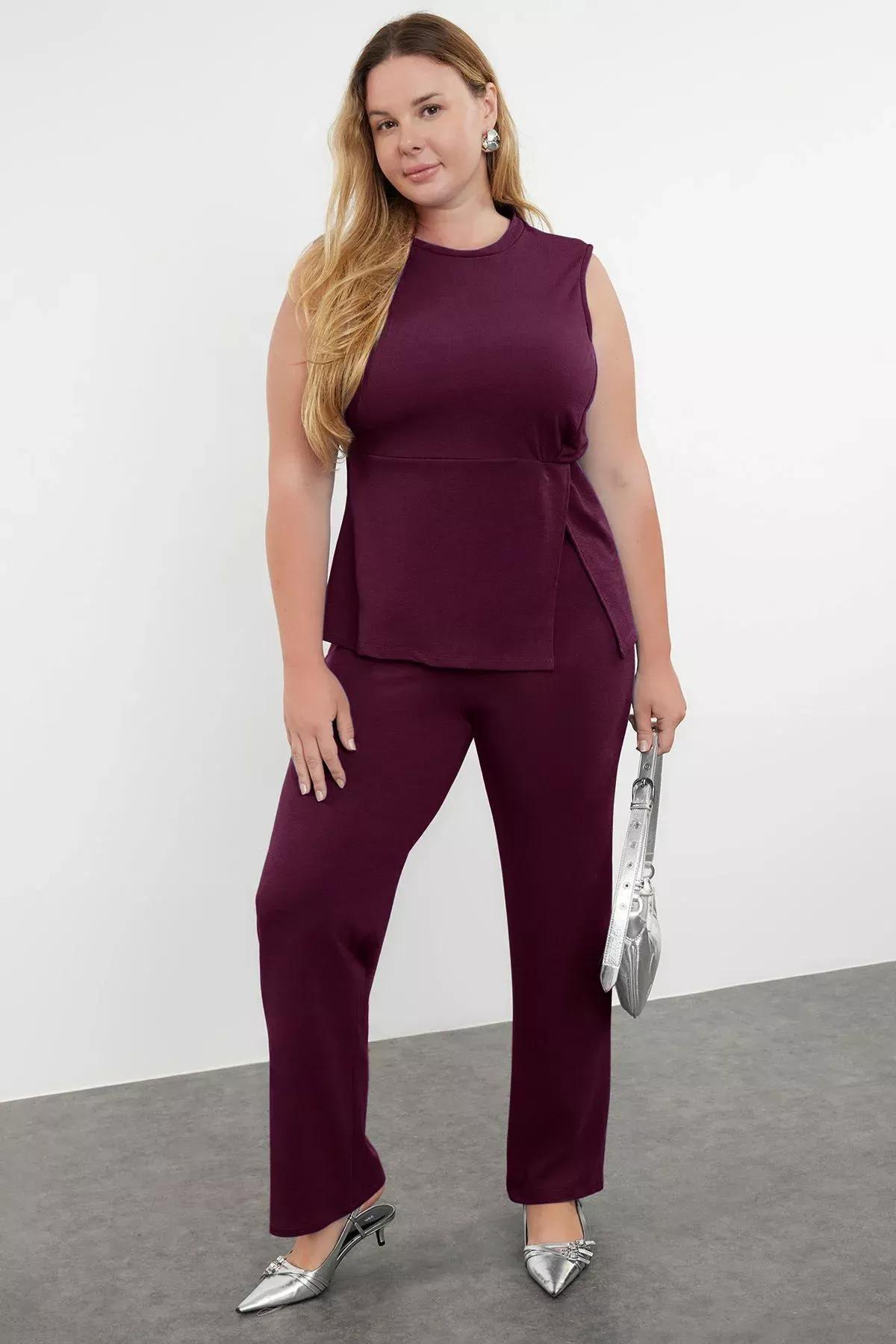 Purple Slit Detailed Knitted Co-Ord Set, Plum, large image number 0