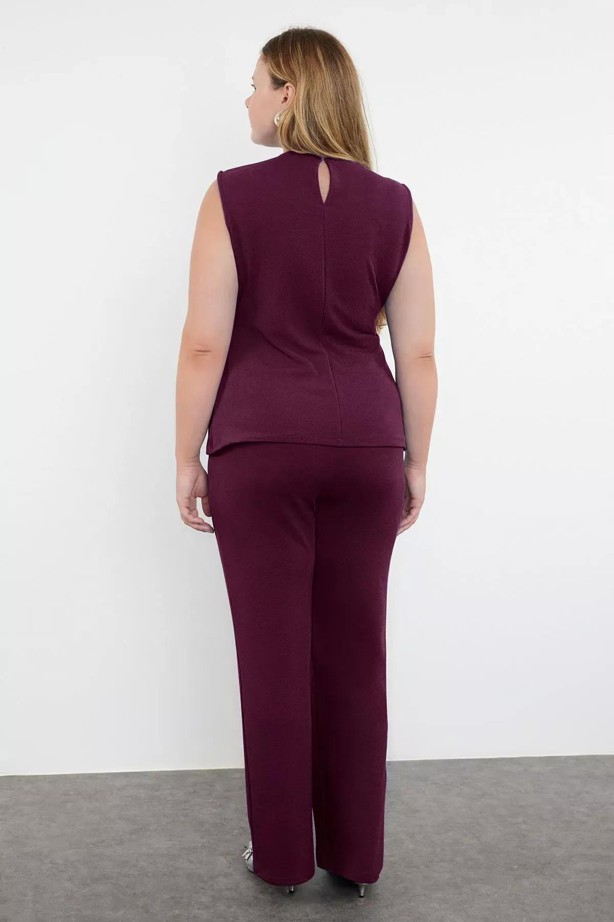 Purple Slit Detailed Knitted Co-Ord Set, Plum, large image number 4
