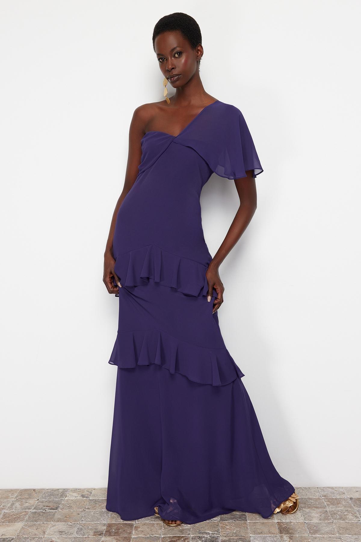 Purple Ruffle Chiffon Long Occasionwear Dress, Purple, large image number 0