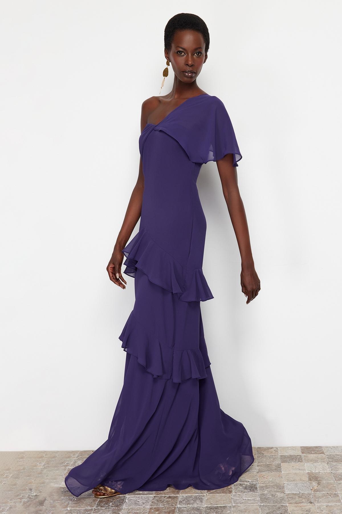 Purple Ruffle Chiffon Long Occasionwear Dress, Purple, large image number 1
