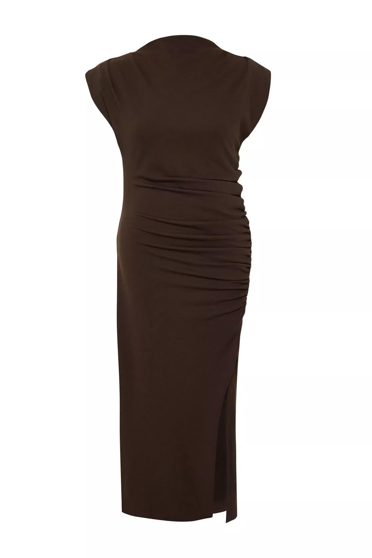 Brown GatheRed Detailed Midi Dress, Brown, medium