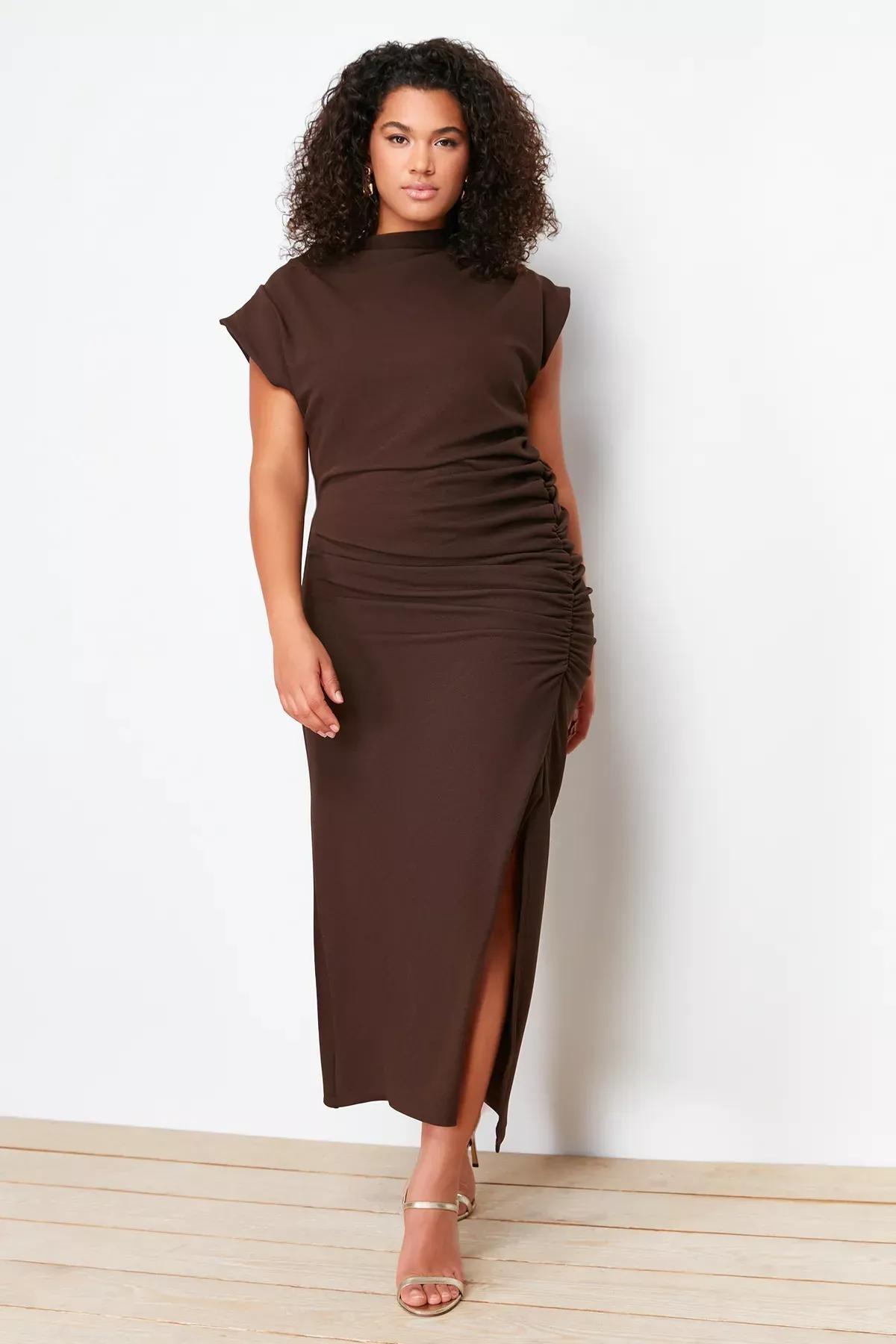 Brown GatheRed Detailed Midi Dress, Brown, medium