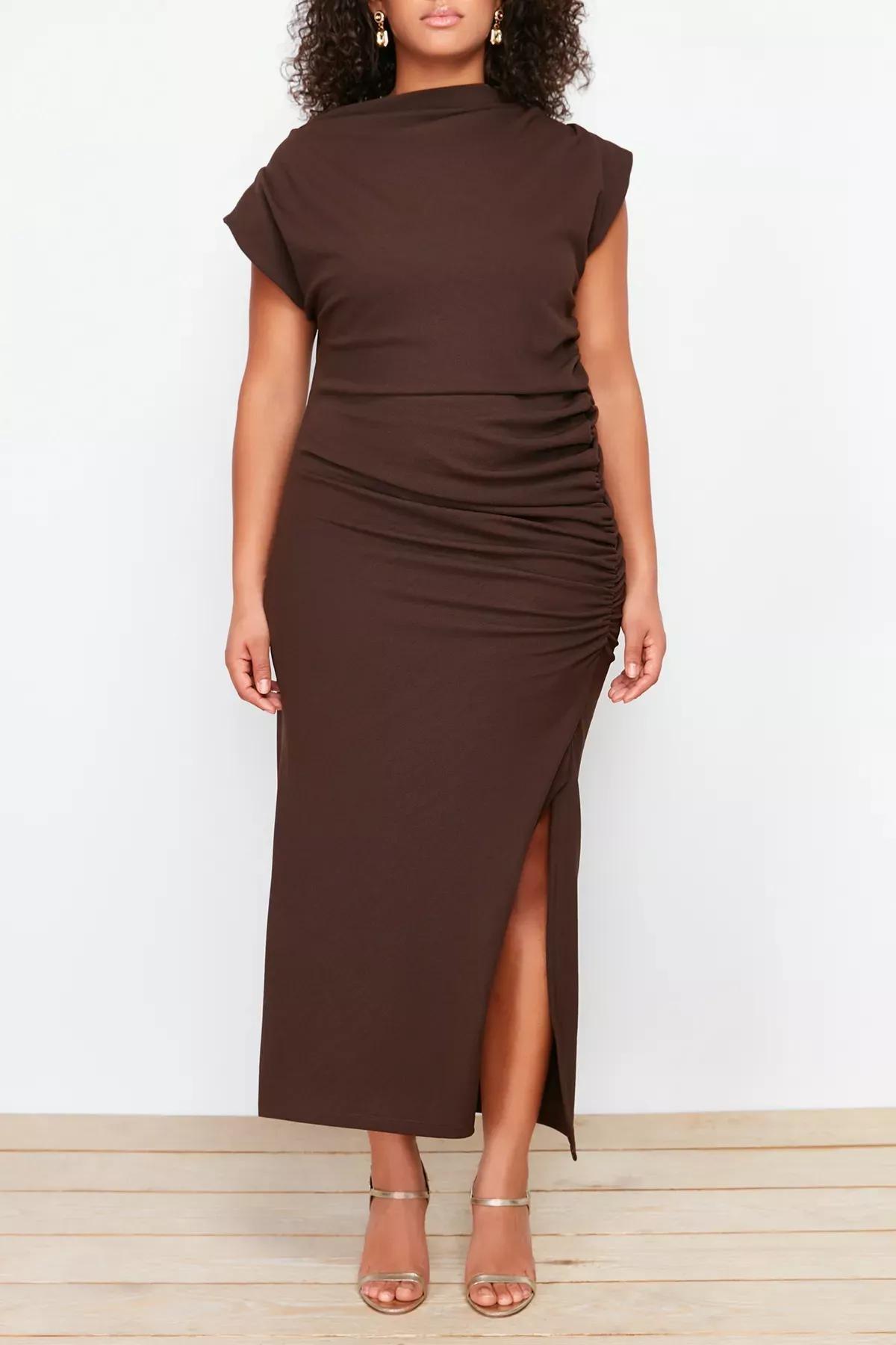 Brown GatheRed Detailed Midi Dress, Brown, large image number 4