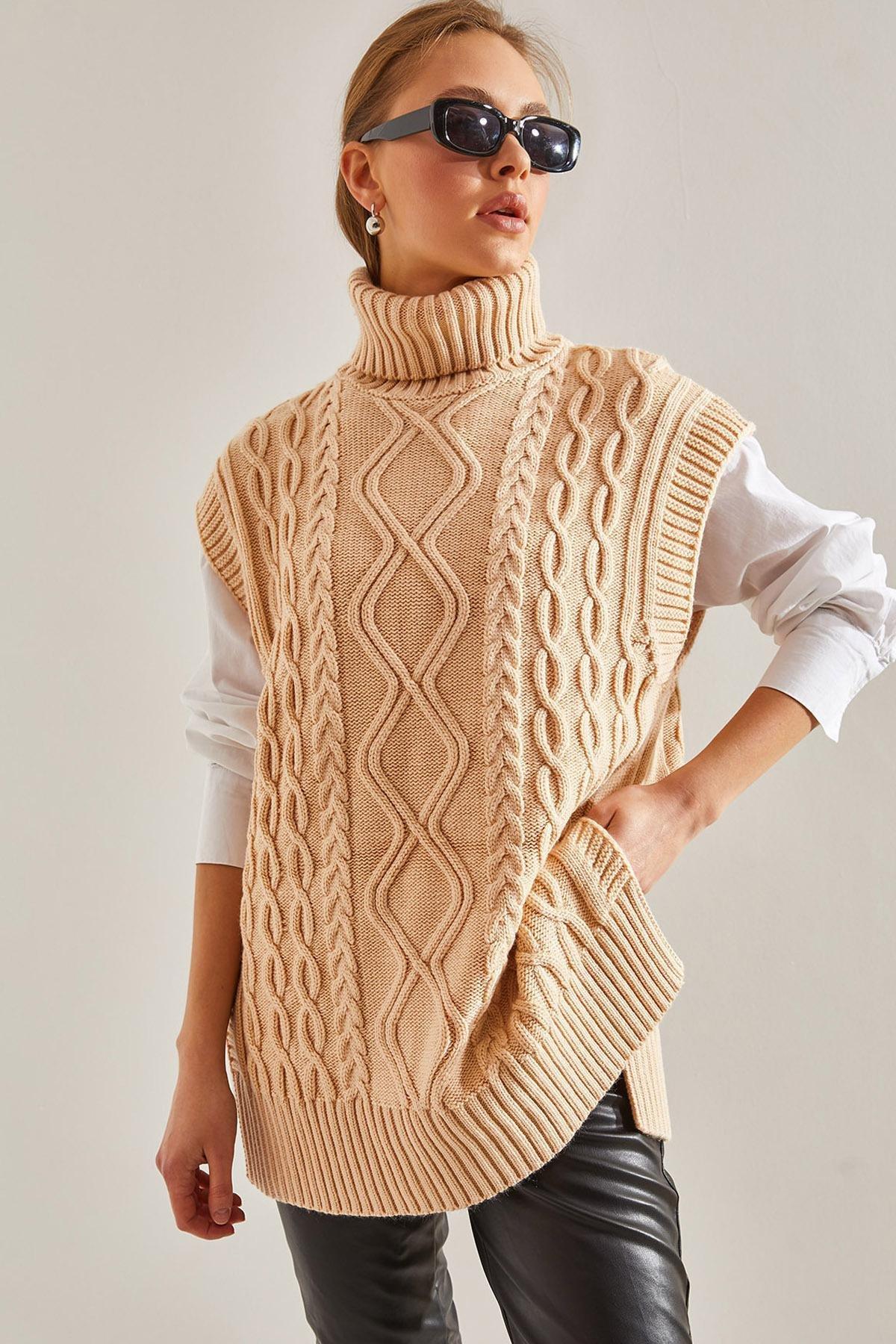 Cream Turtleneck Hair Braided Knitwear Sweater, Cream, large image number 0