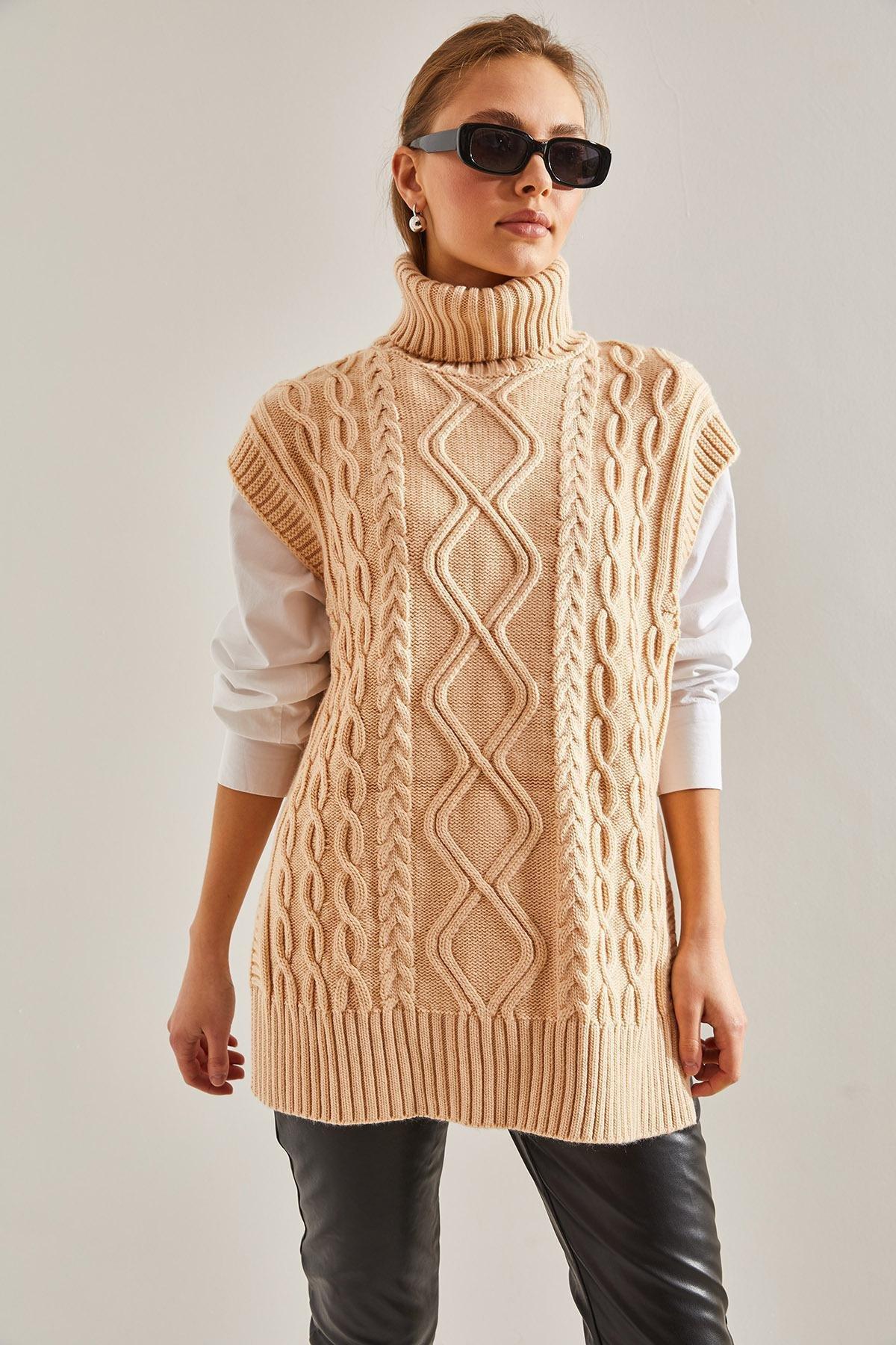 Cream Turtleneck Hair Braided Knitwear Sweater, Cream, large image number 1