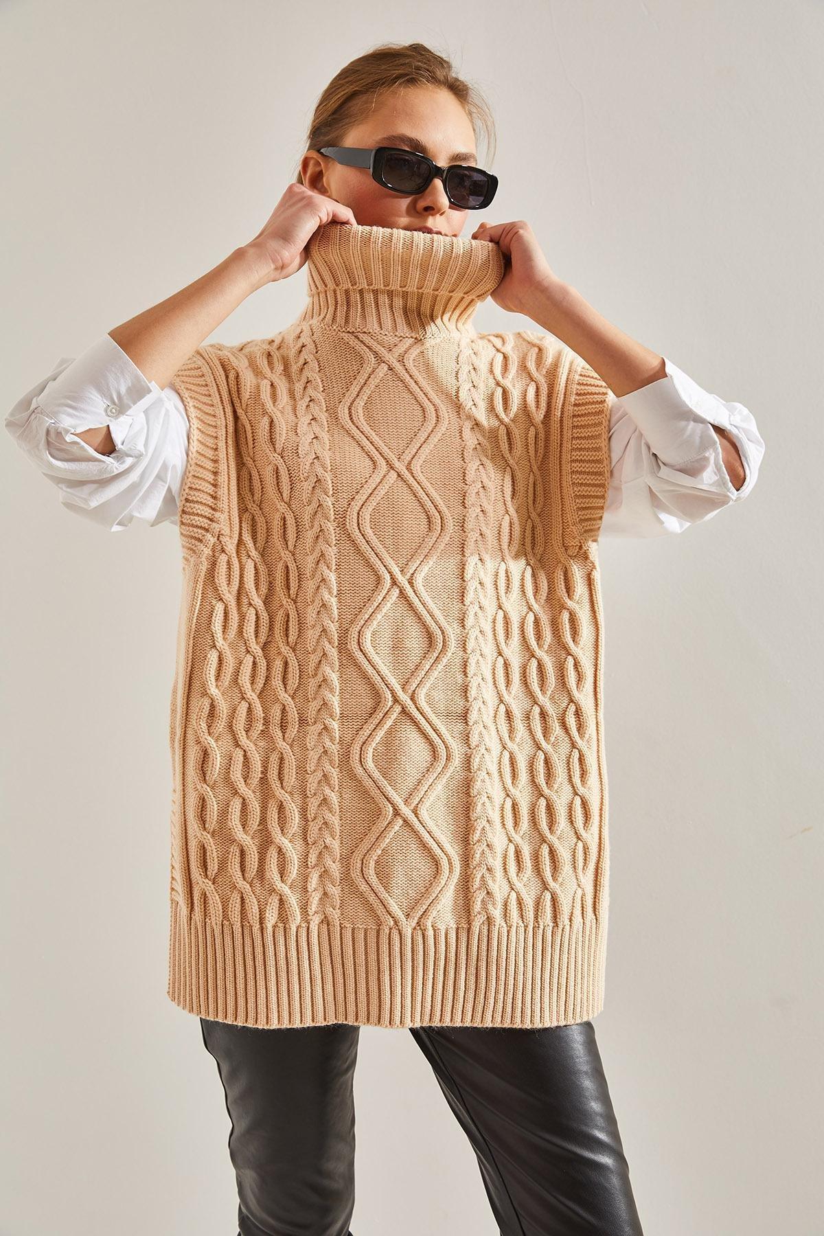 Cream Turtleneck Hair Braided Knitwear Sweater, Cream, large image number 2