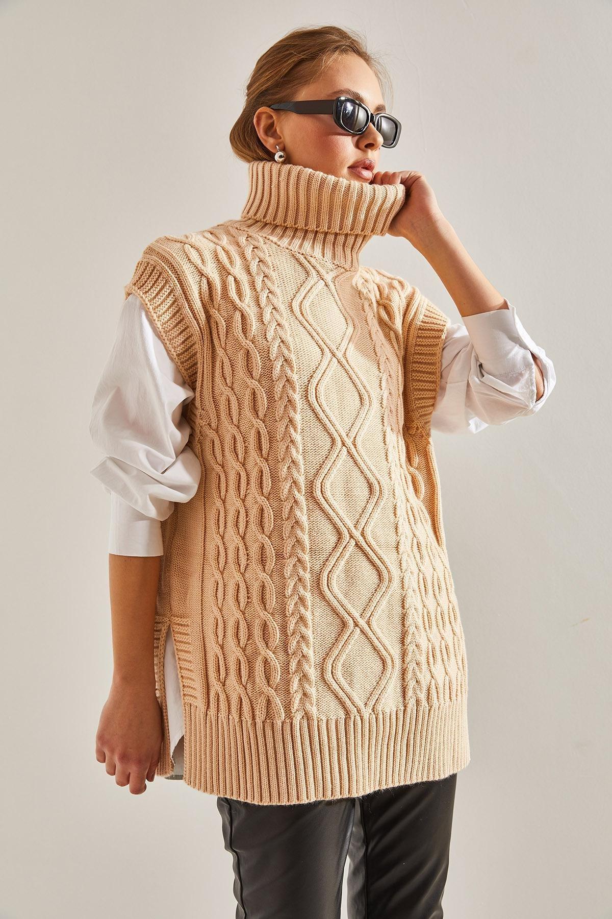 Cream Turtleneck Hair Braided Knitwear Sweater, Cream, large image number 4