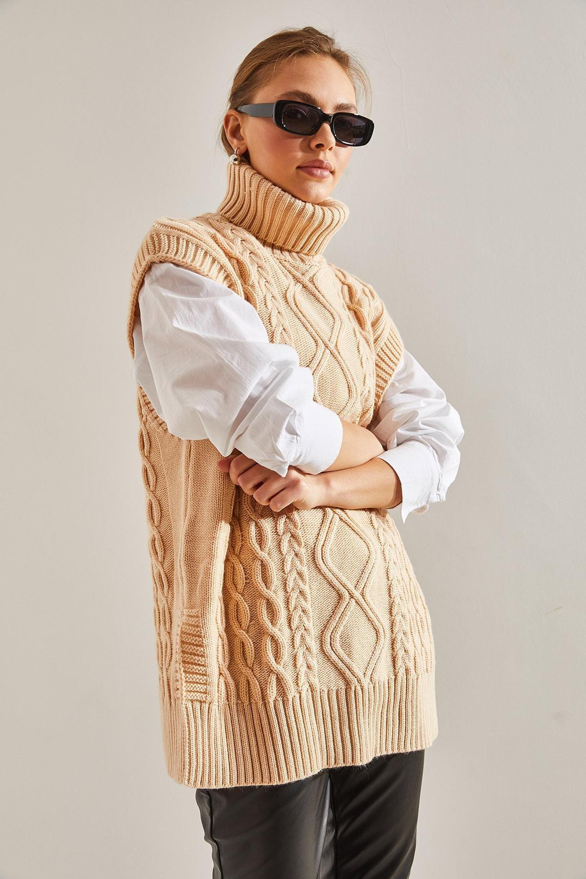 Cream Turtleneck Hair Braided Knitwear Sweater, Cream, large image number 5