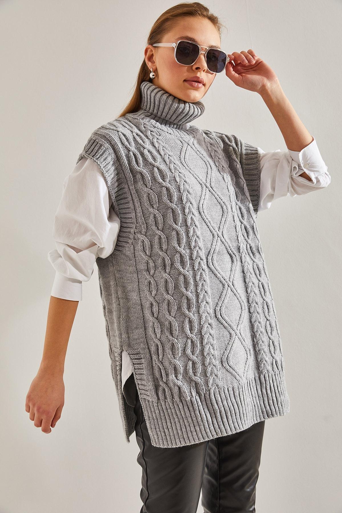 Grey Turtleneck Hair Braided Knitwear Sweater, C101_1653, large image number 0