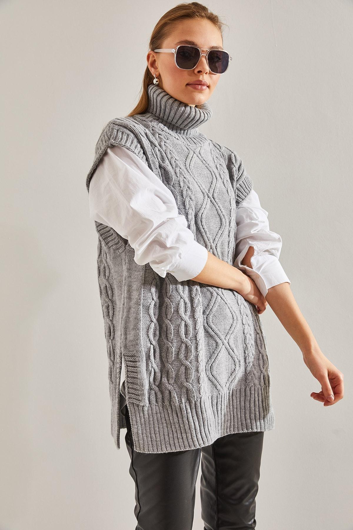 Grey Turtleneck Hair Braided Knitwear Sweater, C101_1653, large image number 1