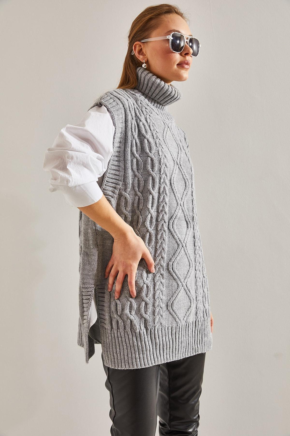 Grey Turtleneck Hair Braided Knitwear Sweater, C101_1653, large image number 2