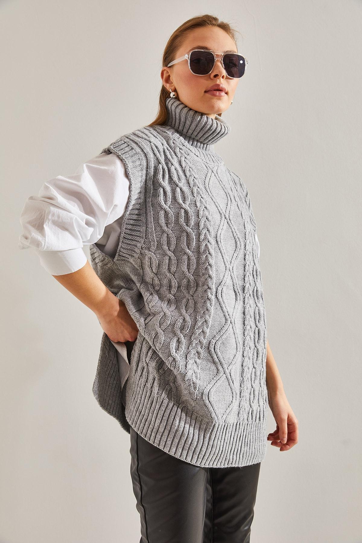 Grey Turtleneck Hair Braided Knitwear Sweater, C101_1653, large image number 3