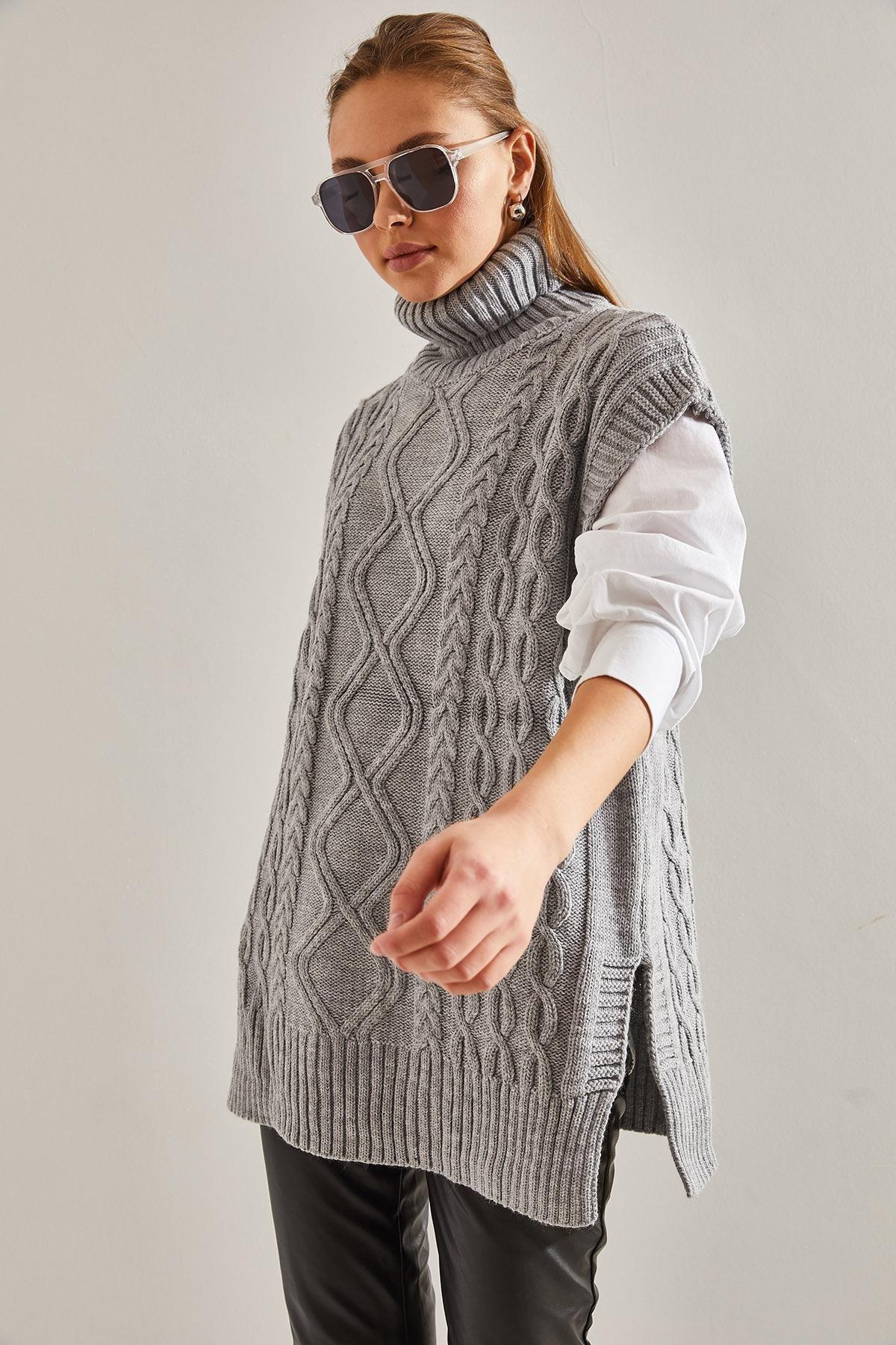 Grey Turtleneck Hair Braided Knitwear Sweater, C101_1653, large image number 4