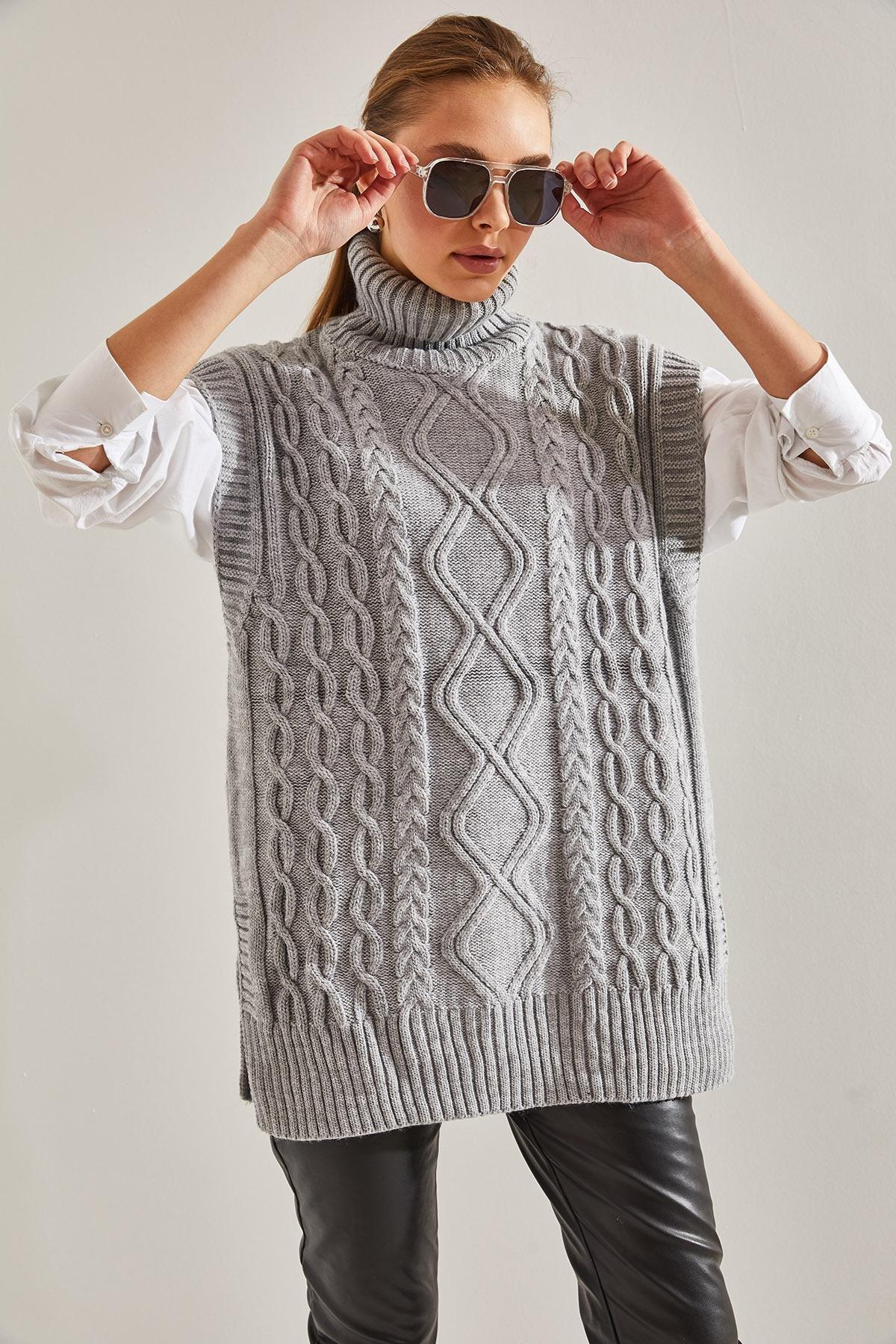 Grey Turtleneck Hair Braided Knitwear Sweater, C101_1653, large image number 5