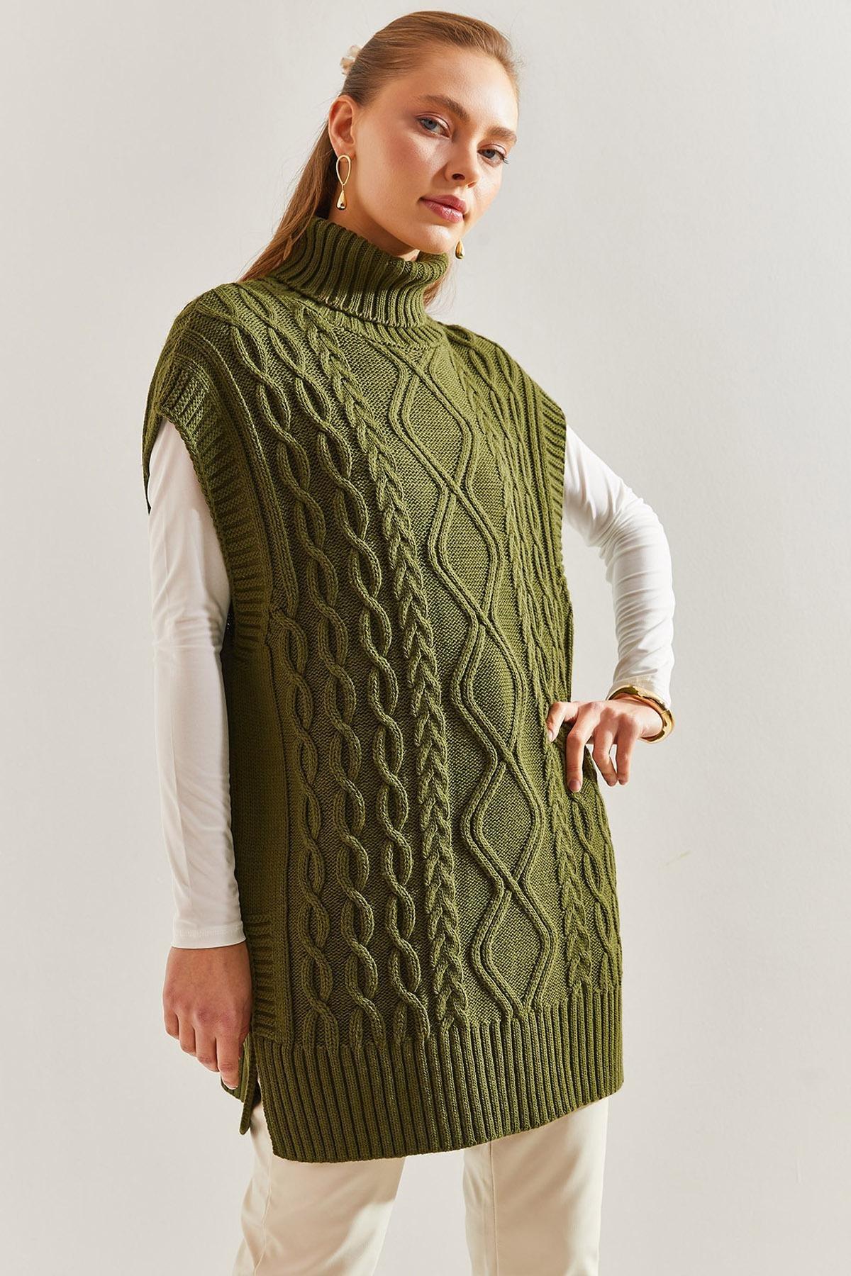 Khaki Turtleneck Hair Braided Knitwear Sweater, Khaki, large image number 0