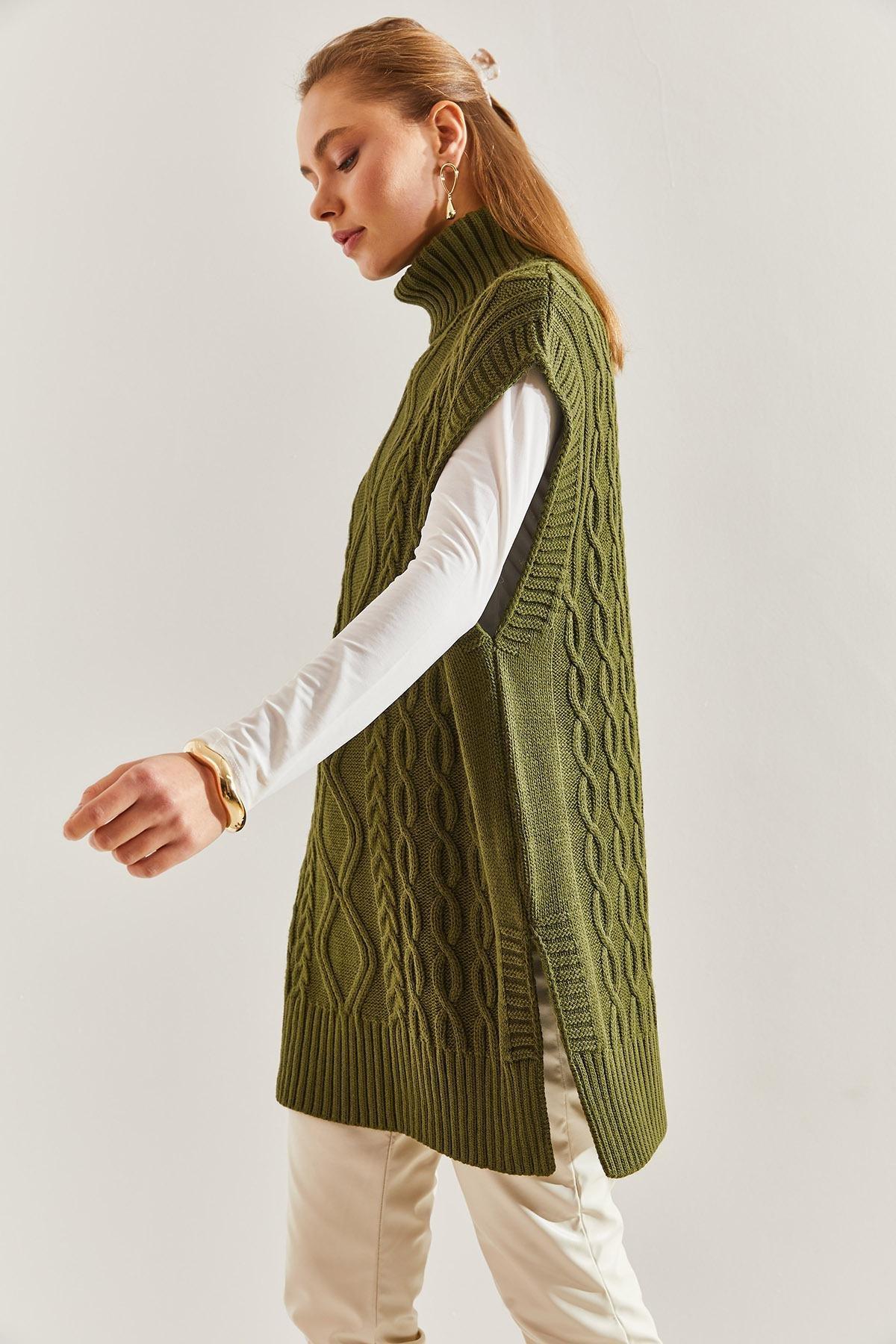 Khaki Turtleneck Hair Braided Knitwear Sweater, Khaki, large image number 2