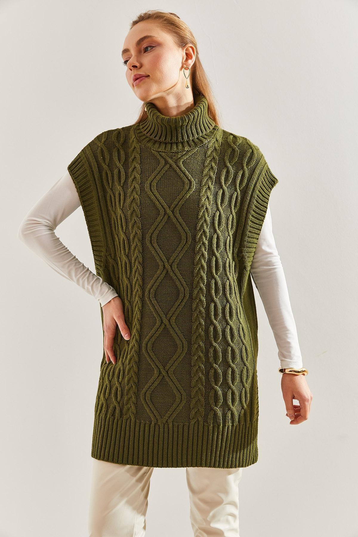 Khaki Turtleneck Hair Braided Knitwear Sweater, Khaki, large image number 3