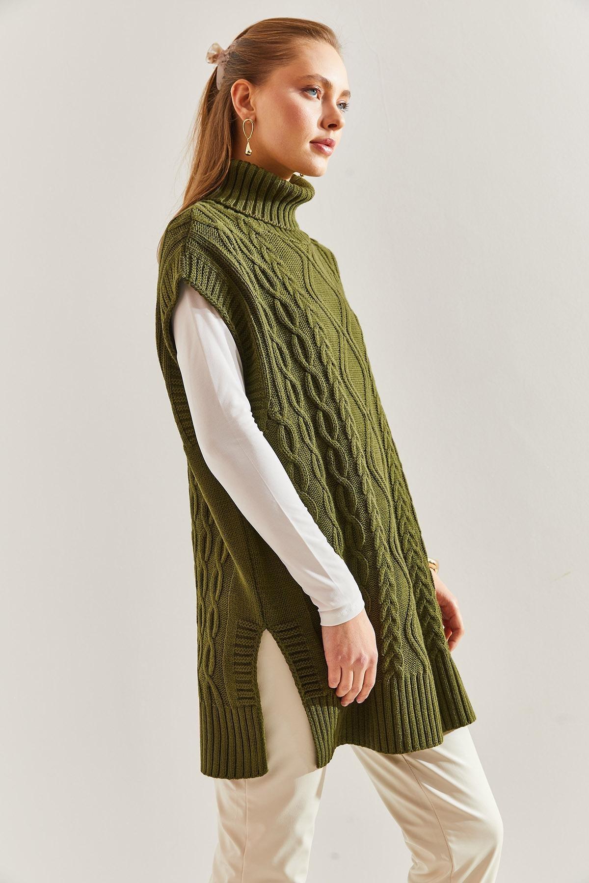 Khaki Turtleneck Hair Braided Knitwear Sweater, Khaki, large image number 4