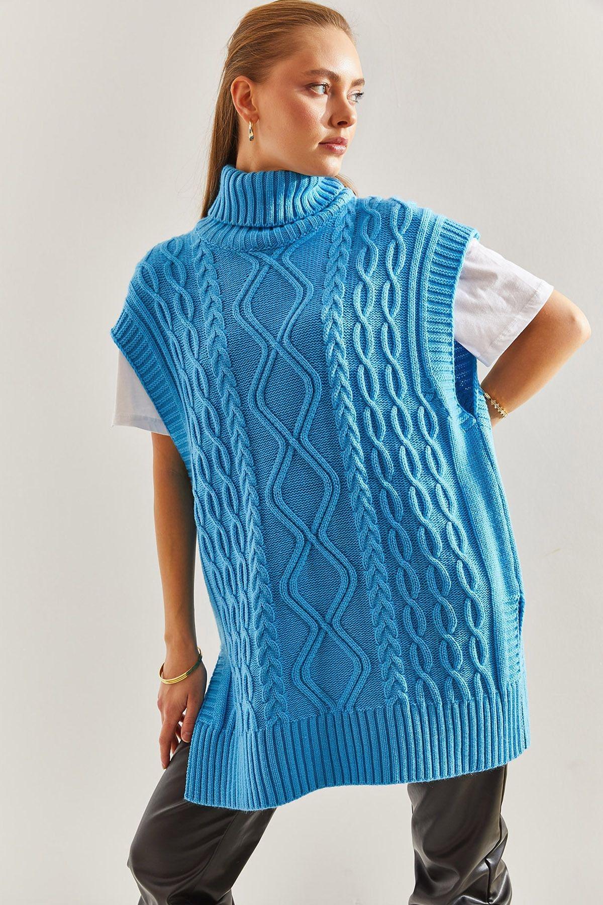 Blue Turtleneck Braided Knitted Sweater, C101_5726, large image number 1