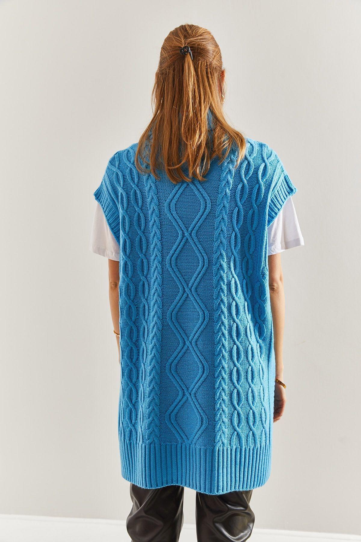 Blue Turtleneck Braided Knitted Sweater, C101_5726, large image number 2