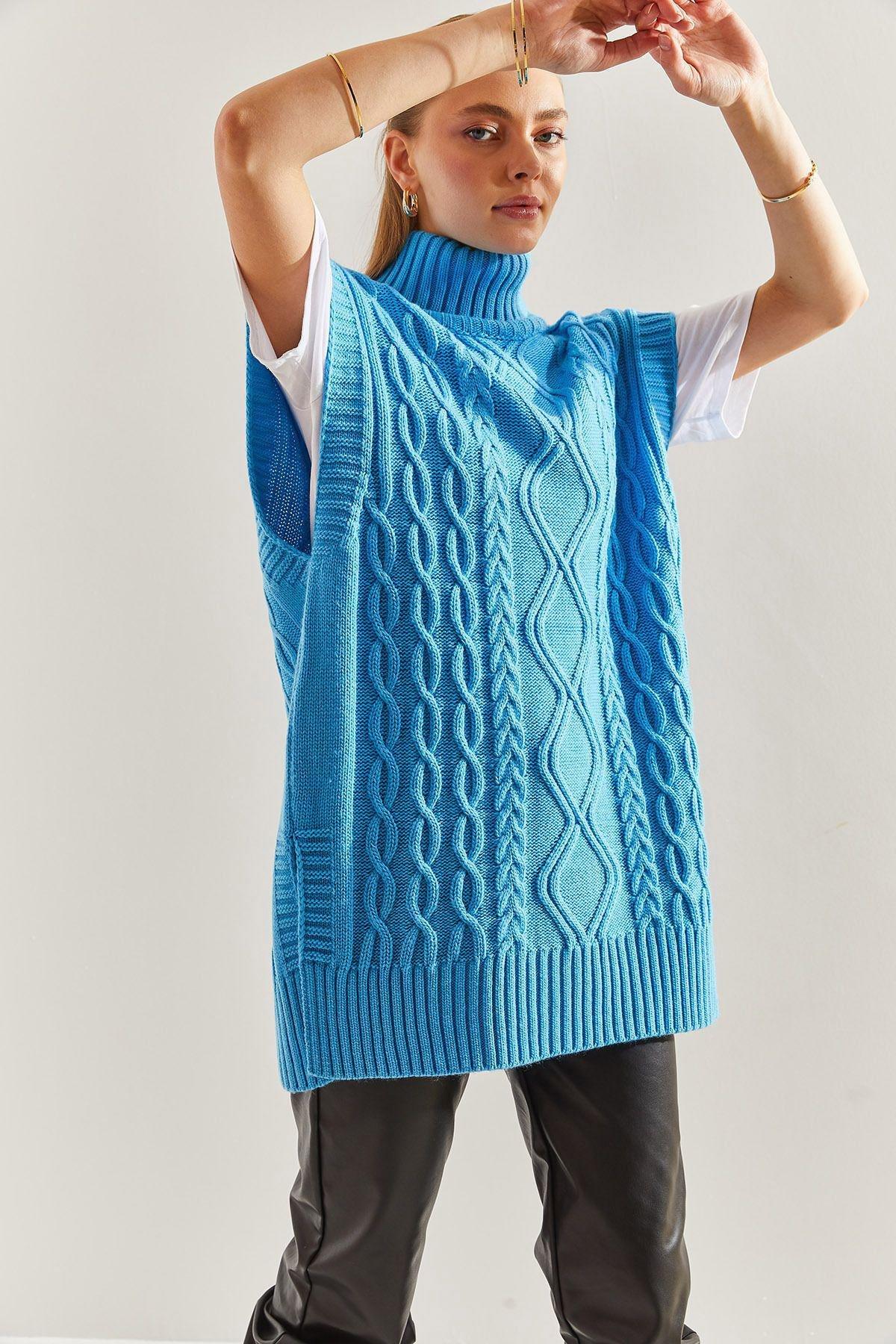 Blue Turtleneck Braided Knitted Sweater, C101_5726, large image number 3