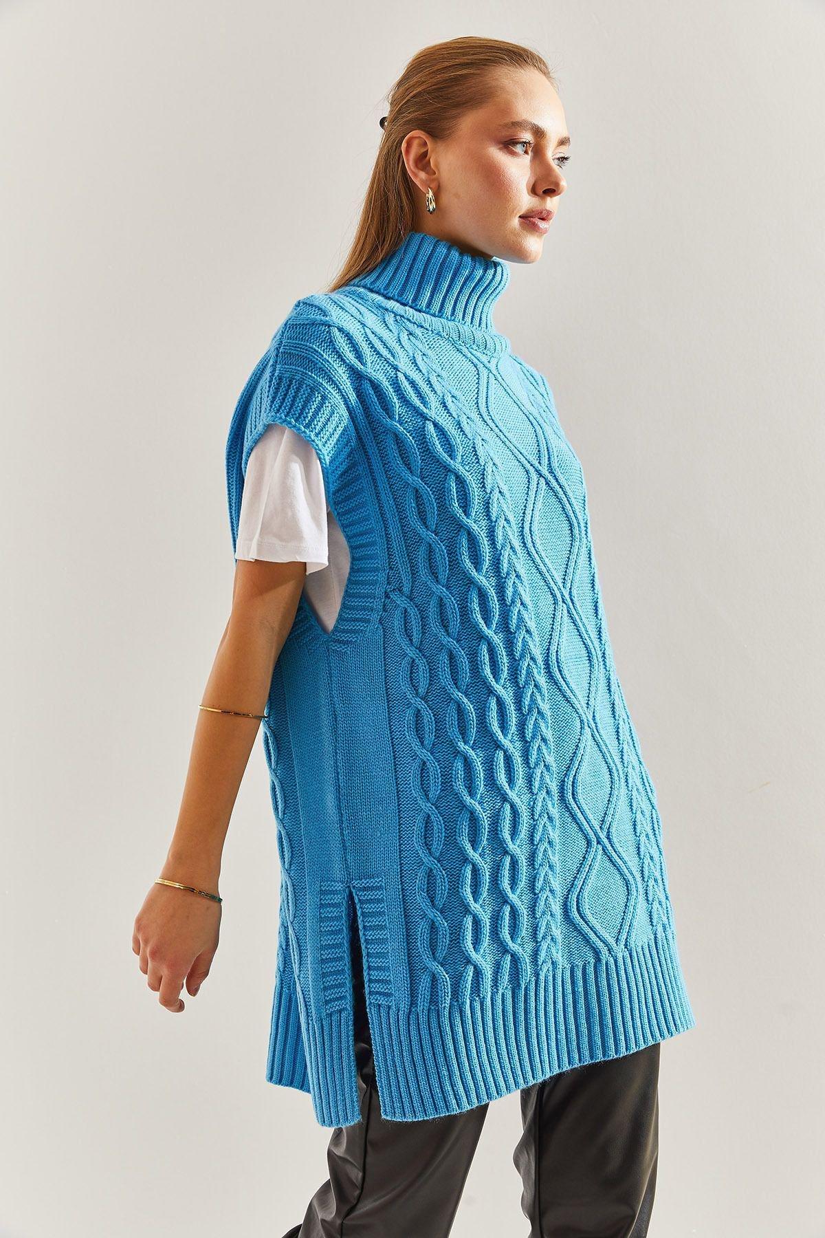 Blue Turtleneck Braided Knitted Sweater, C101_5726, large image number 4