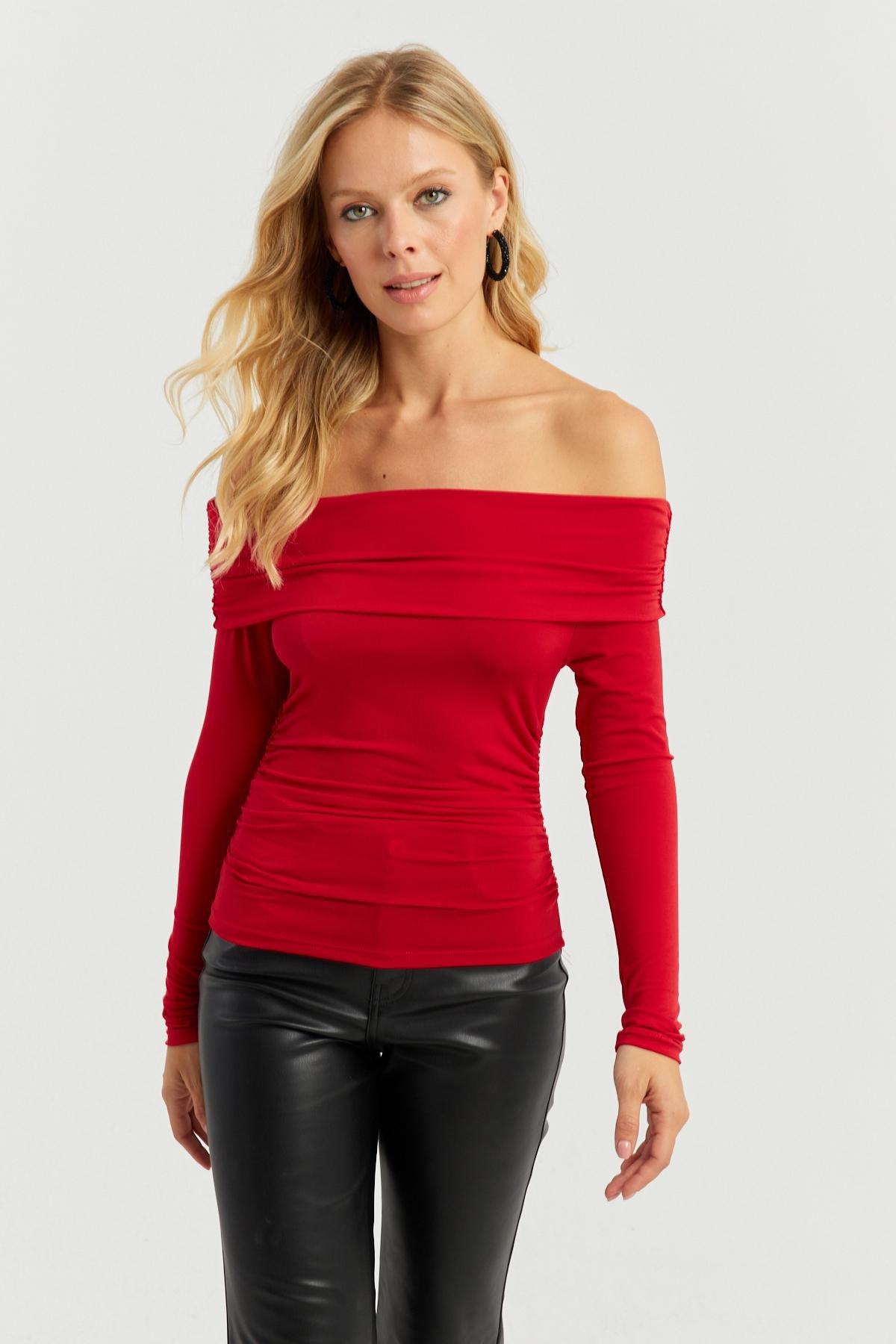 Red Gathered Madonna Blouse, , large image number 0